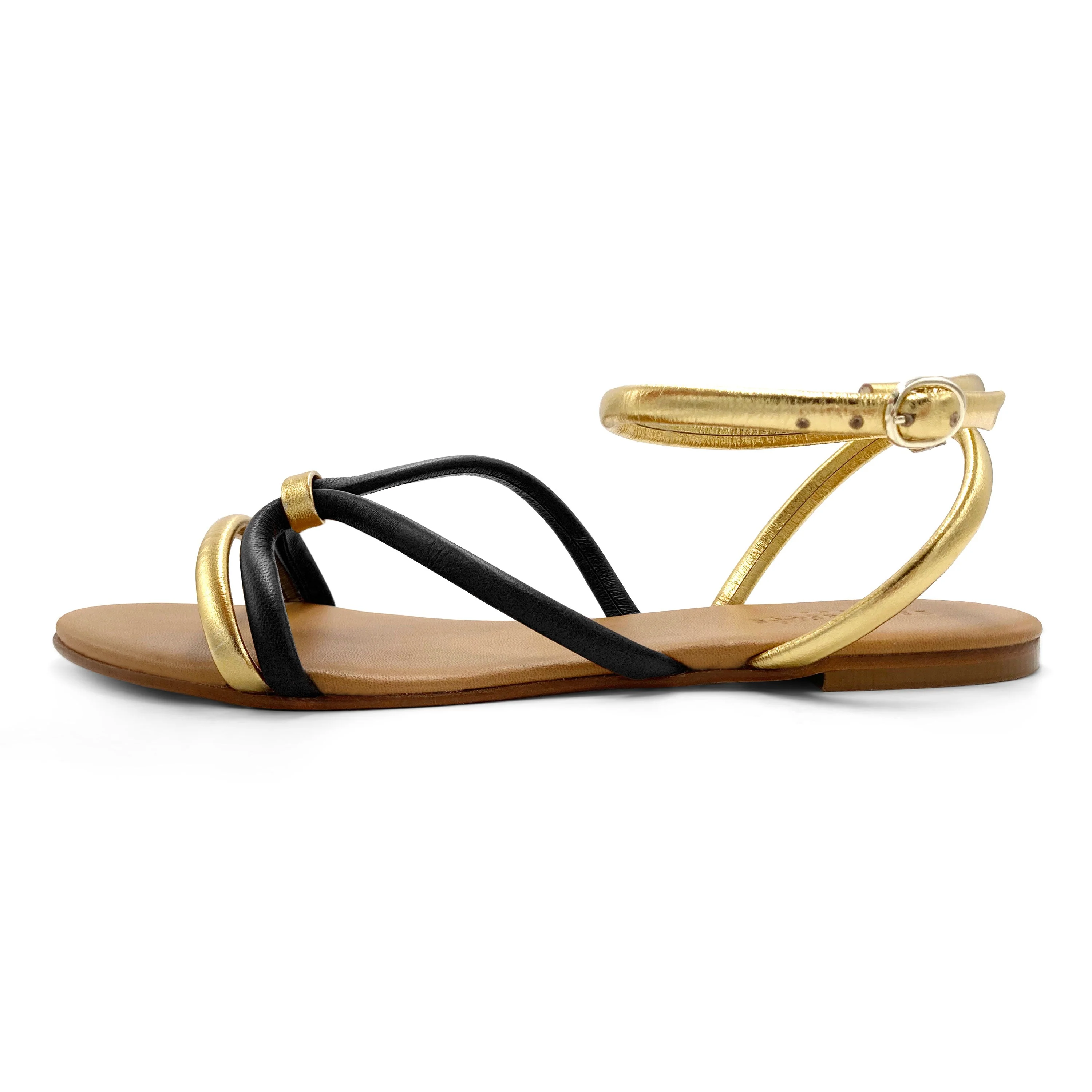 Anckle strap women flat sandals in black and gold leather - Image 4