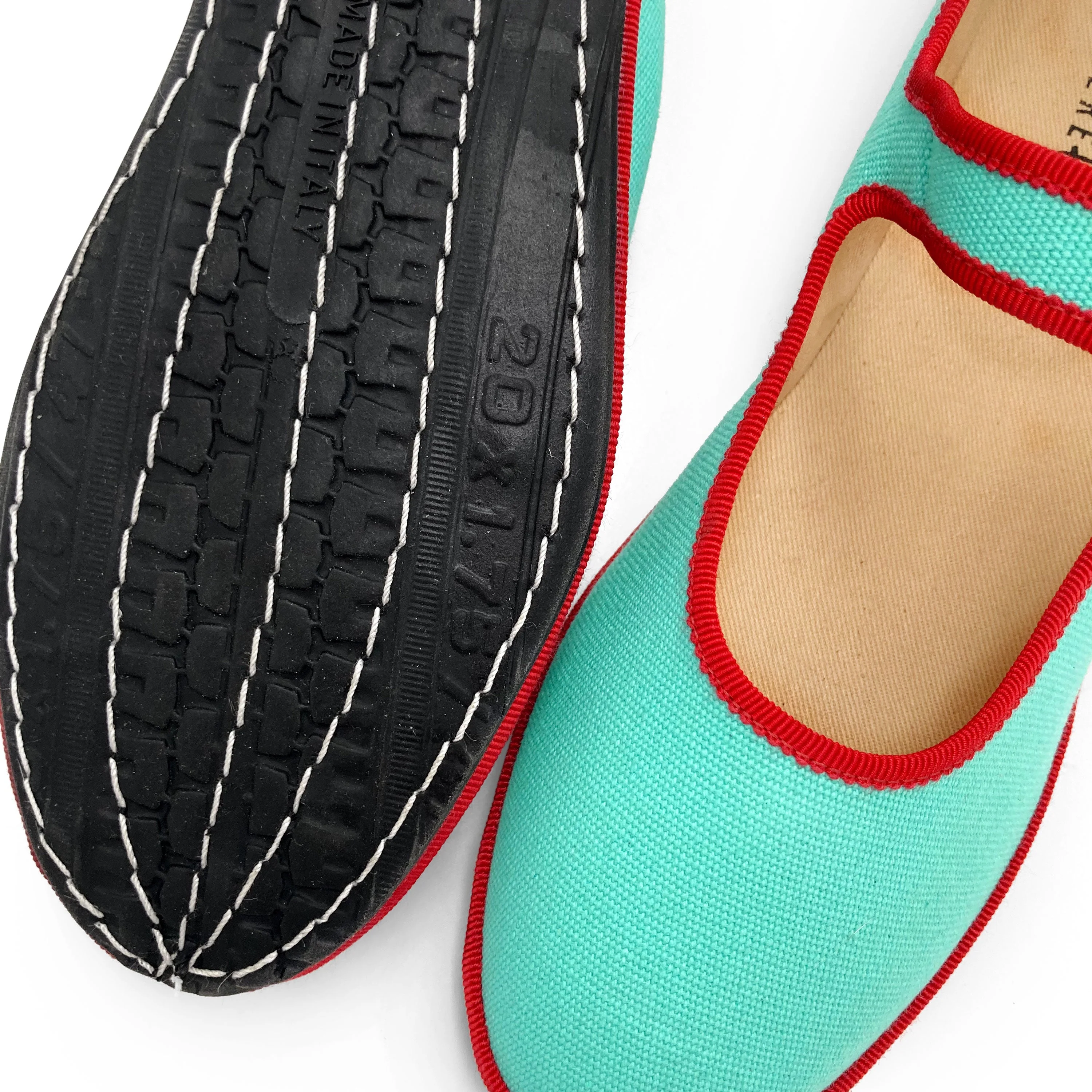 Aqua blue cotton Mary Jane friulane with red details - Image 3