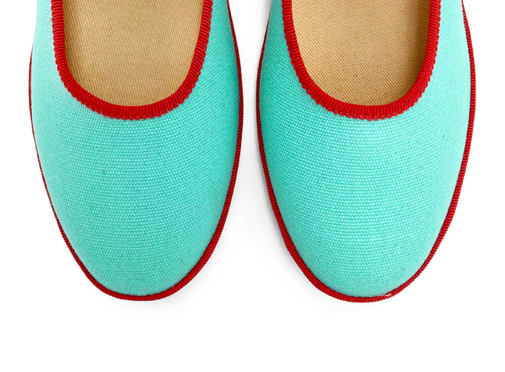 Aqua blue cotton Mary Jane friulane with red details - Image 6