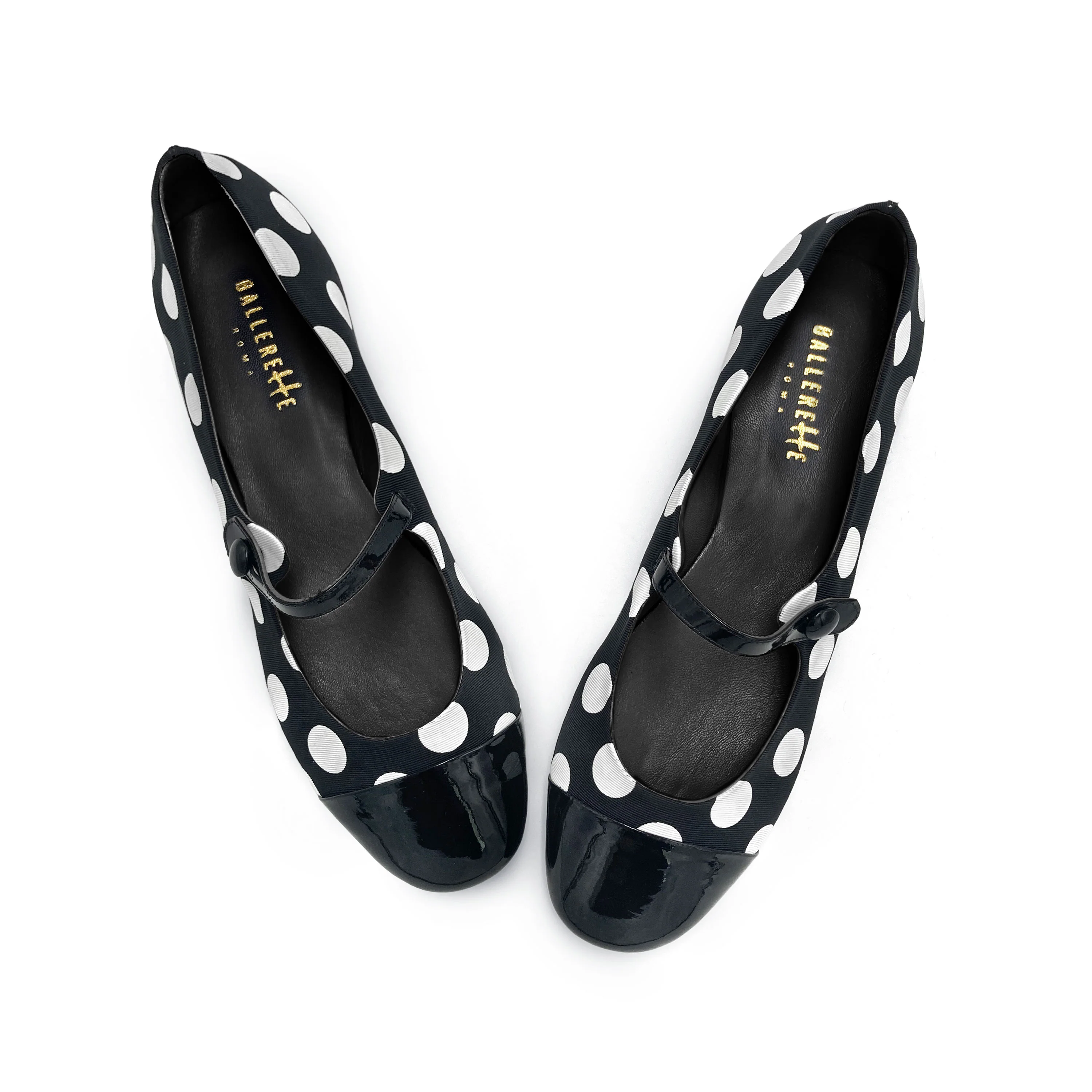 Black and white polka dot Mary Jane ballet flats in fabric - Image 2