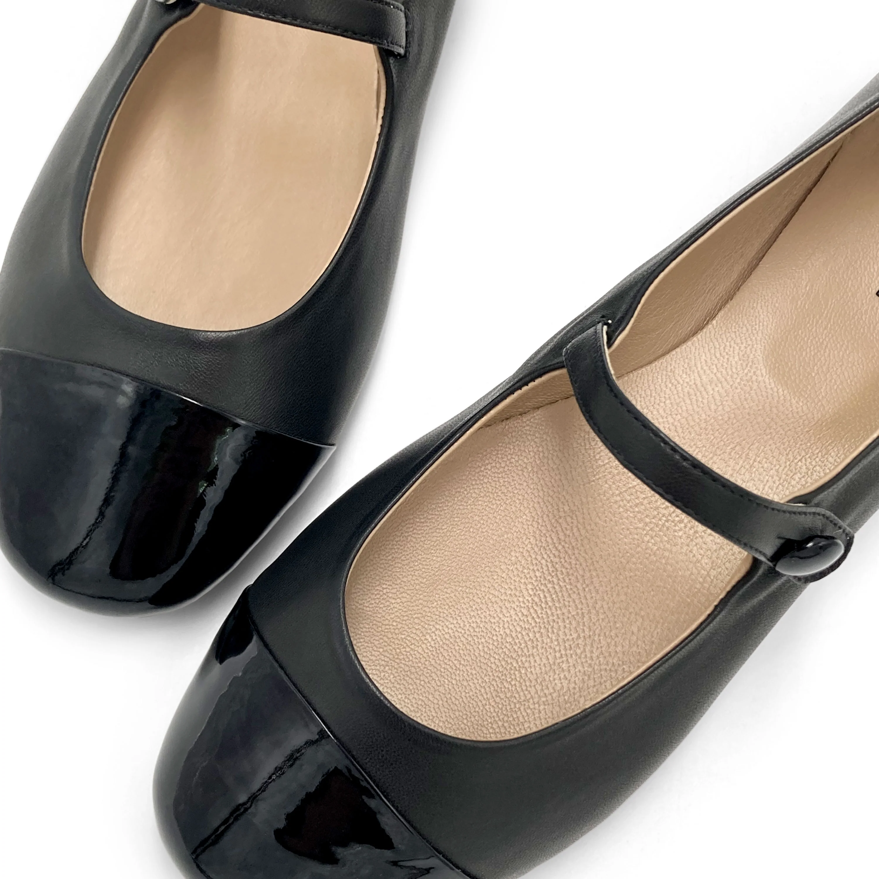 Black ballet flats with black patent toe and strap - Image 3