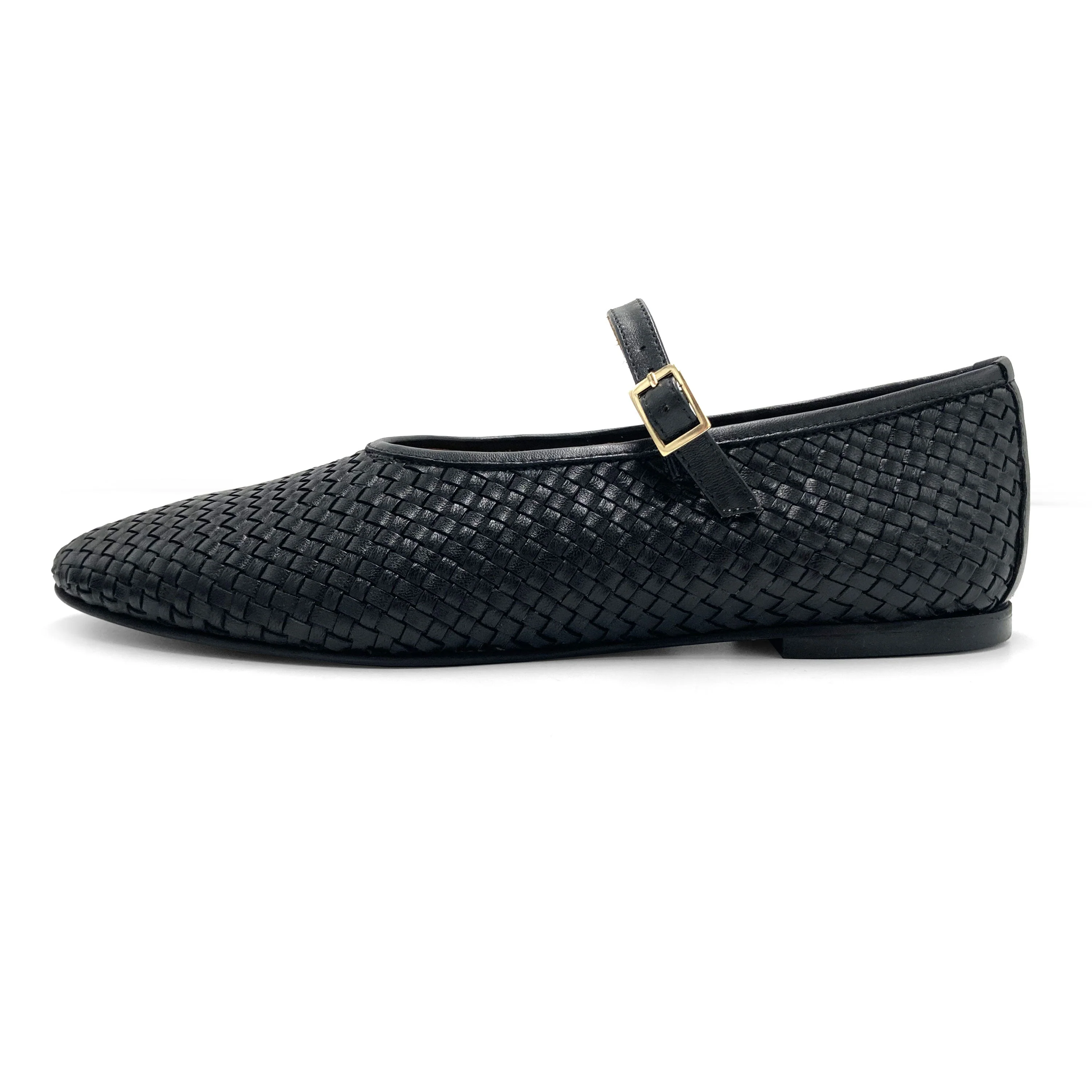 Black high cut handwoven leather ballet flats with strap - Image 4