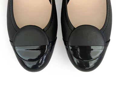 Black leather ballet flats with black patent toe and stud - Image 5