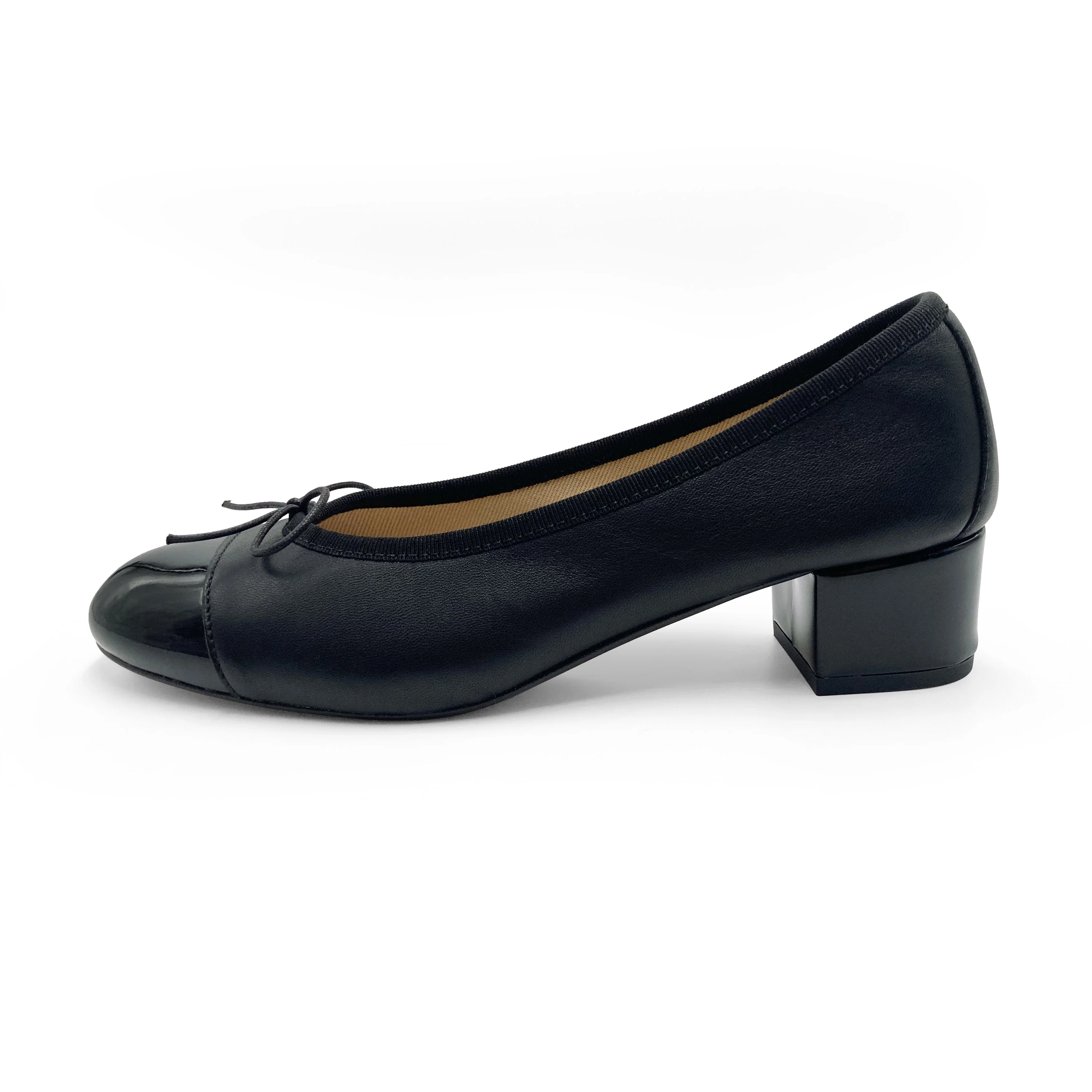 Black leather ballet flats with high heel and patent toe - Image 4