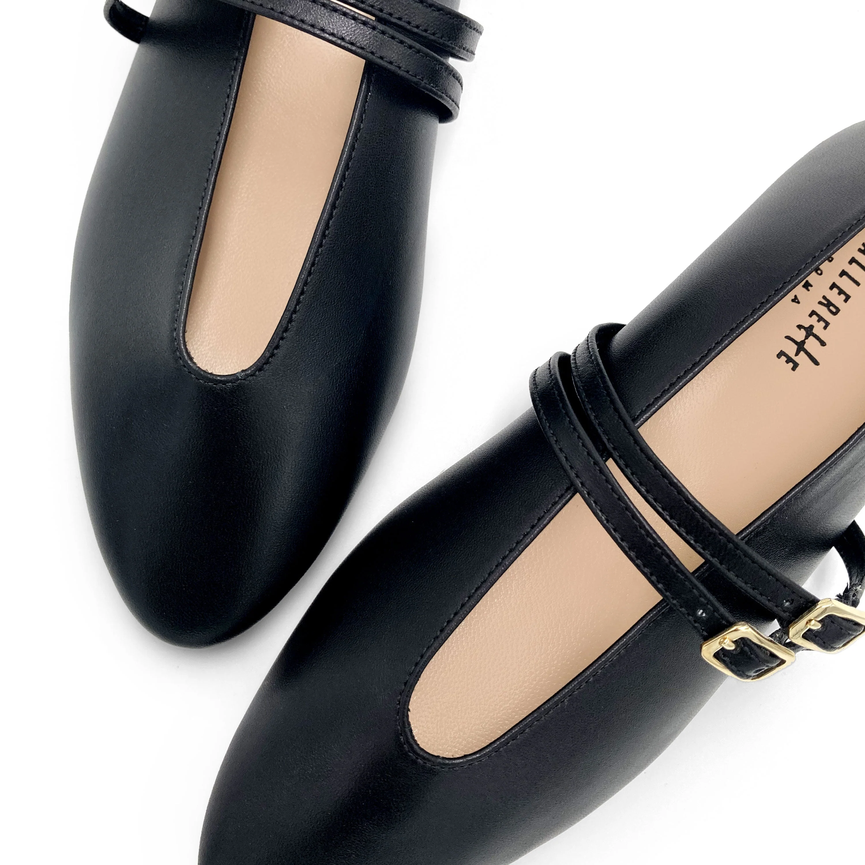 Black leather ballet flats with V cut and straps - Image 3