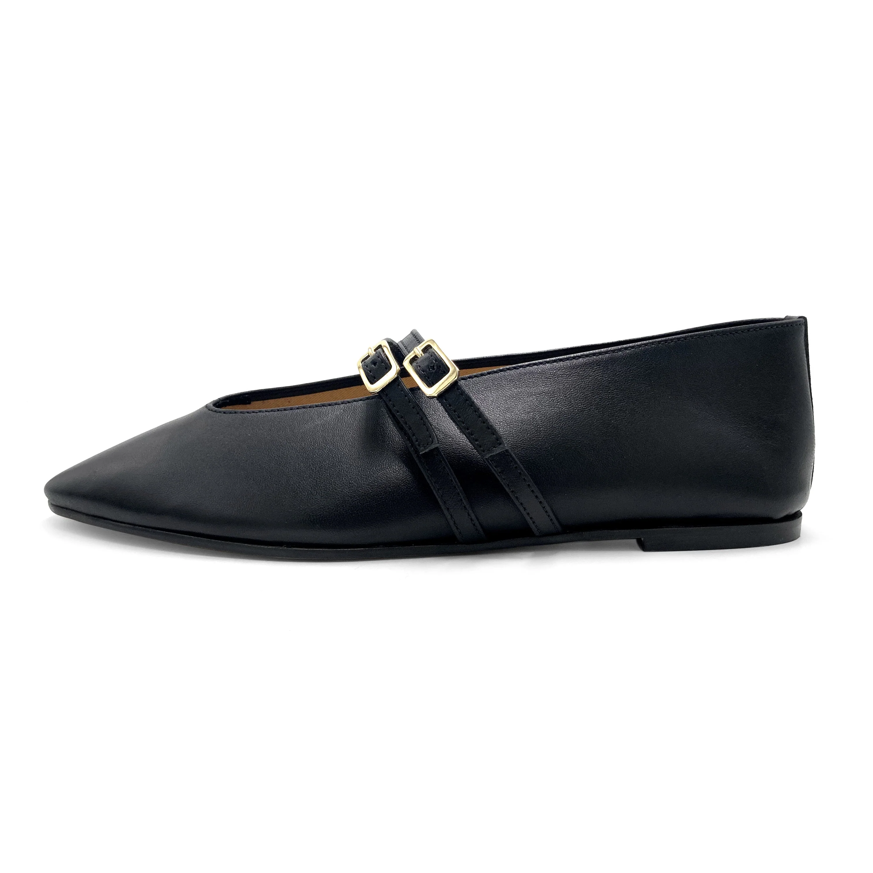 Black leather ballet flats with V cut and straps - Image 4