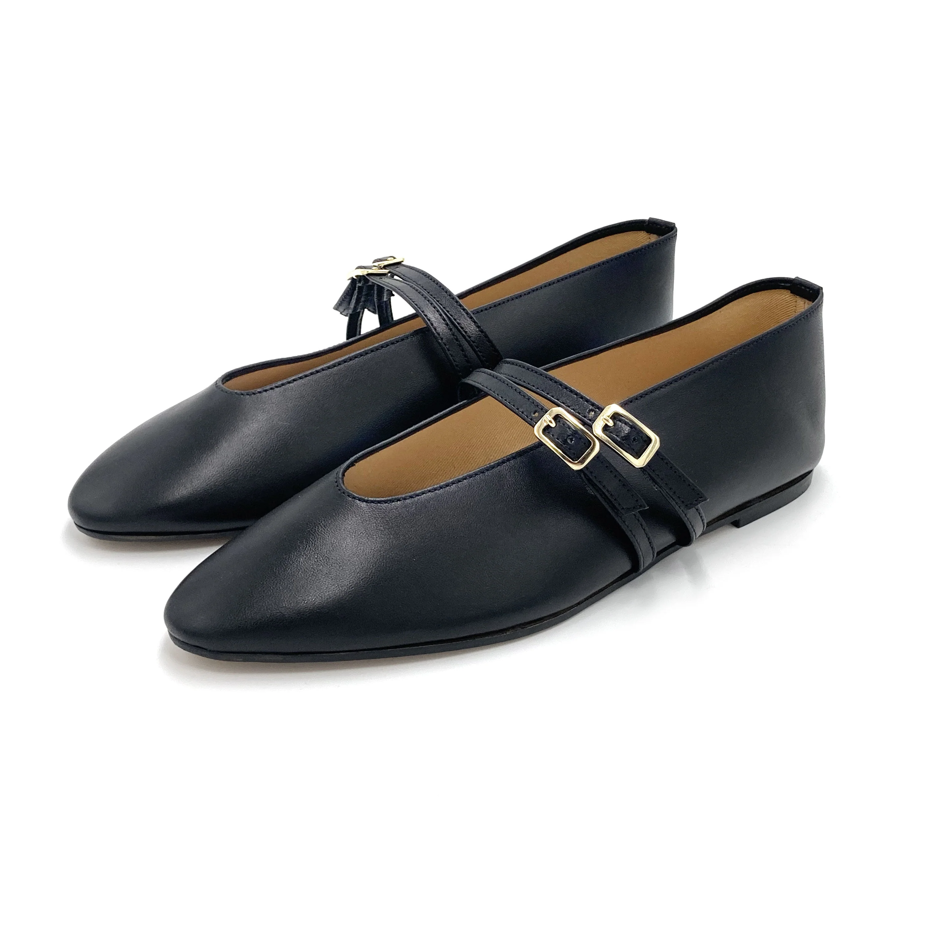 Black leather ballet flats with V cut and straps - Image 5