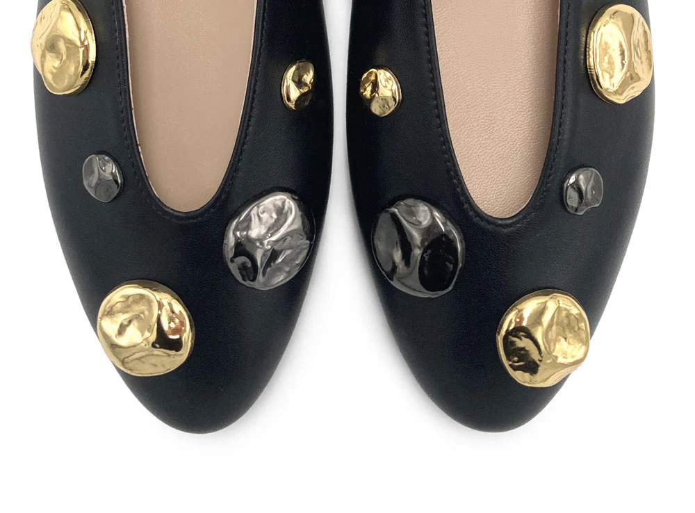 Black leather high shoe-vamp flats with gold and iron studs - Image 5