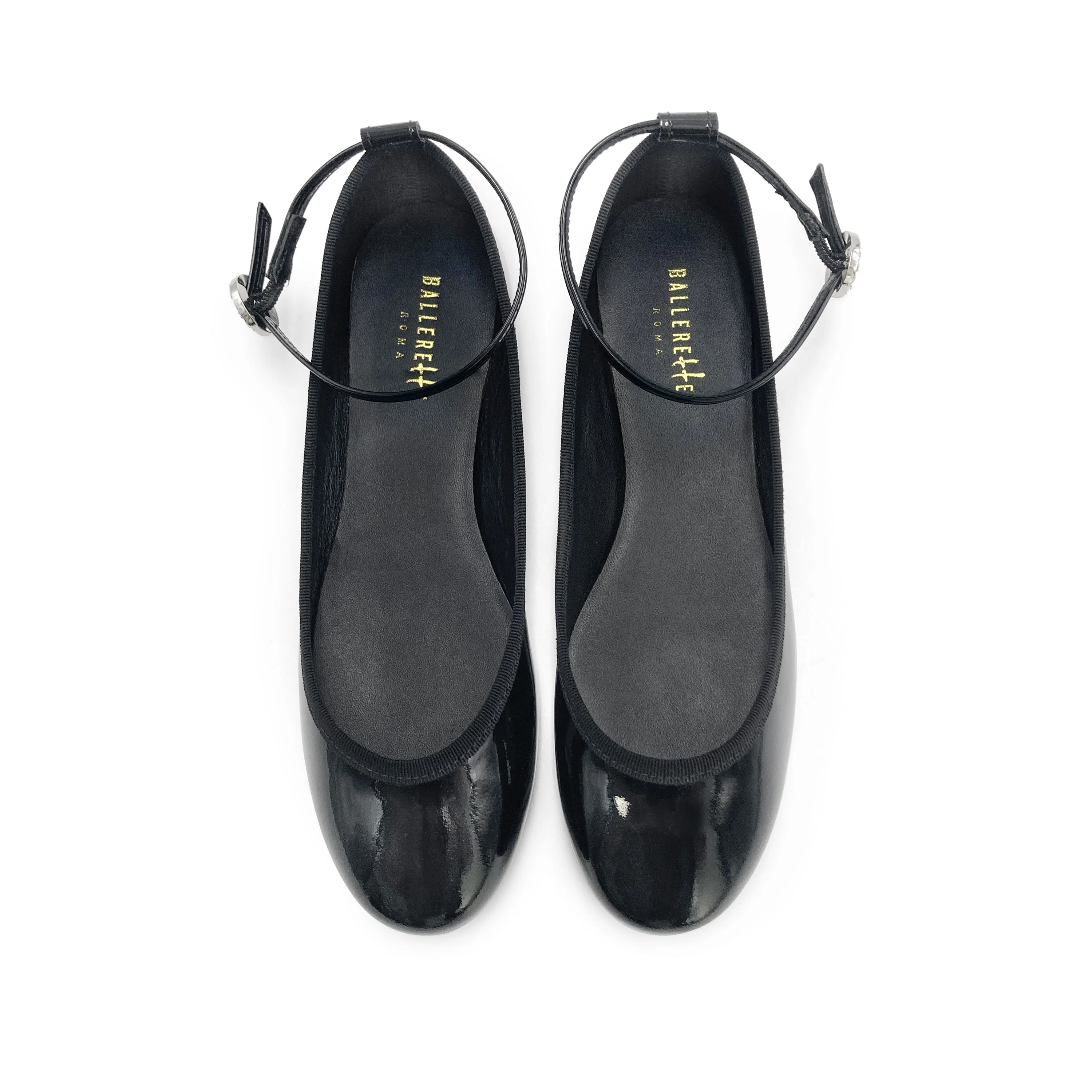 Black patent leather ballet flats with jewelled strap
