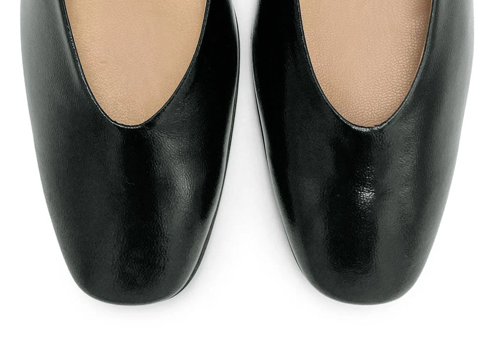 Black patent leather ballet flats with square toe and comfortable high heel - Image 6
