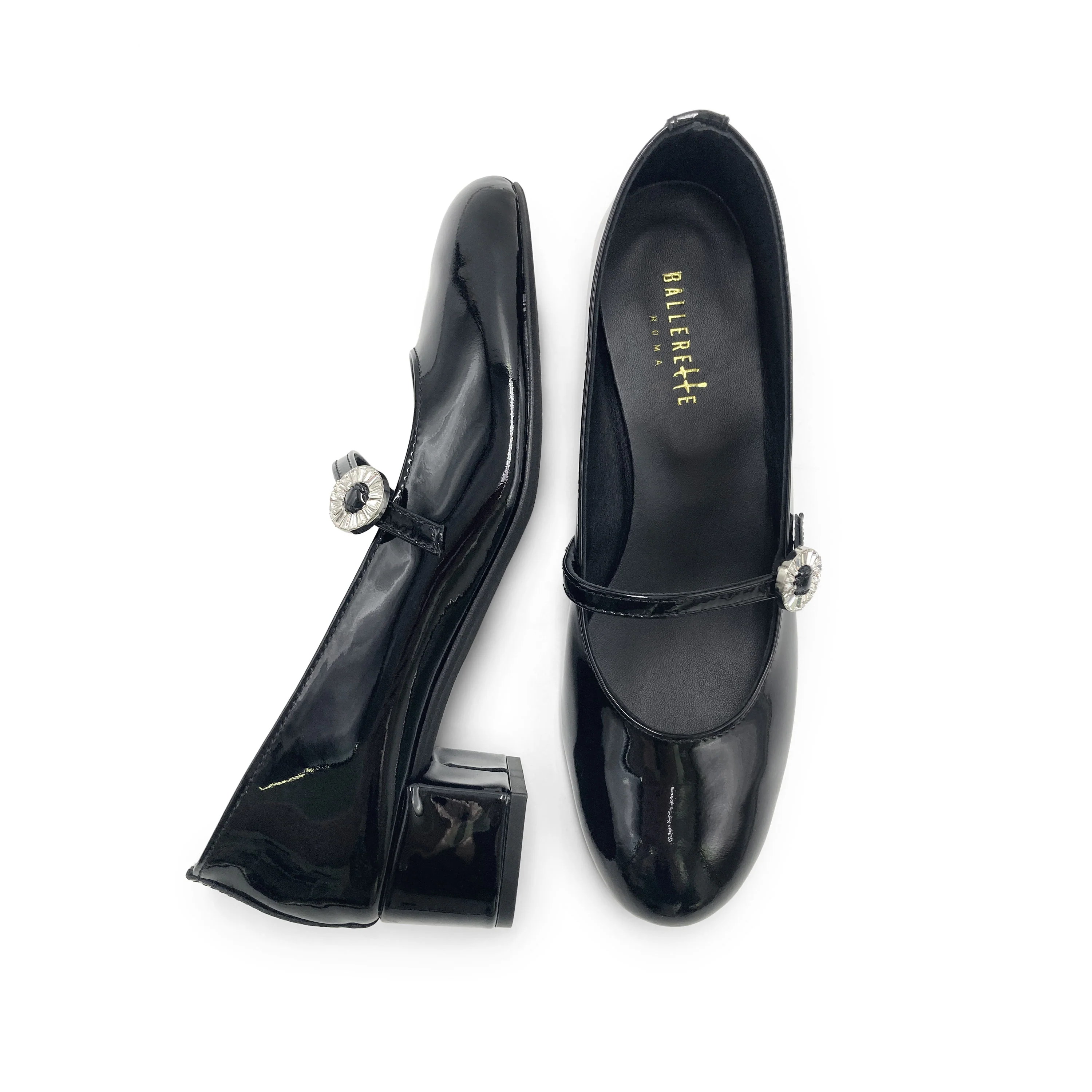 Black patent leather Mary Jane ballet flats with heel and jewelled strap