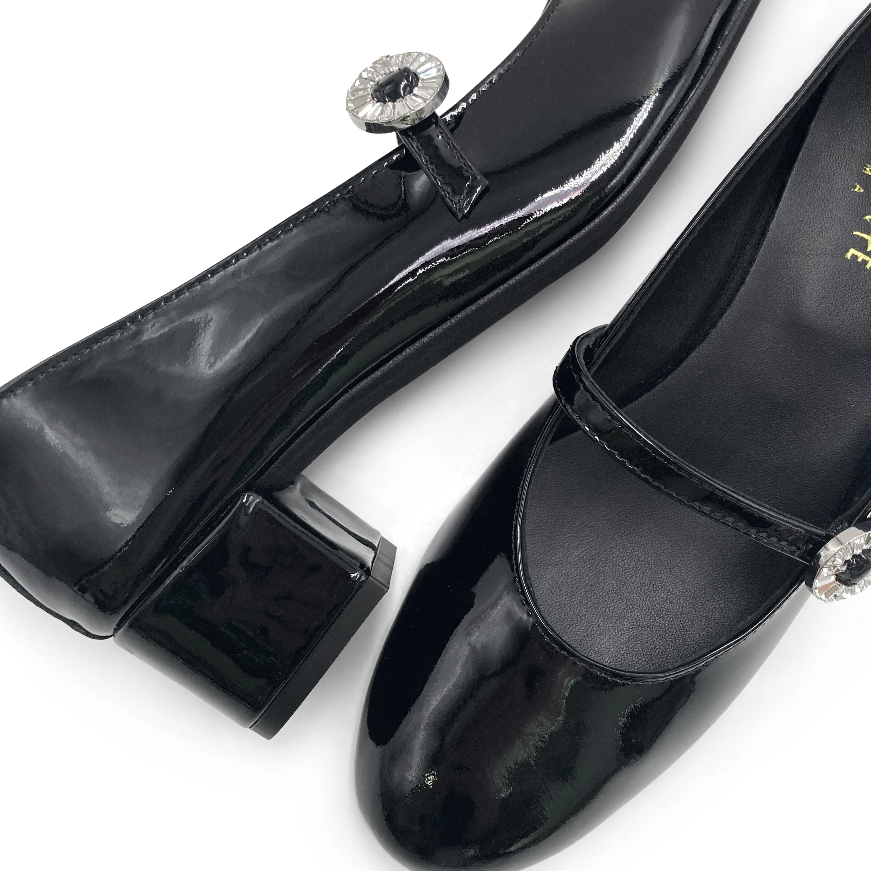 Black patent leather Mary Jane ballet flats with heel and jewelled strap - Image 3