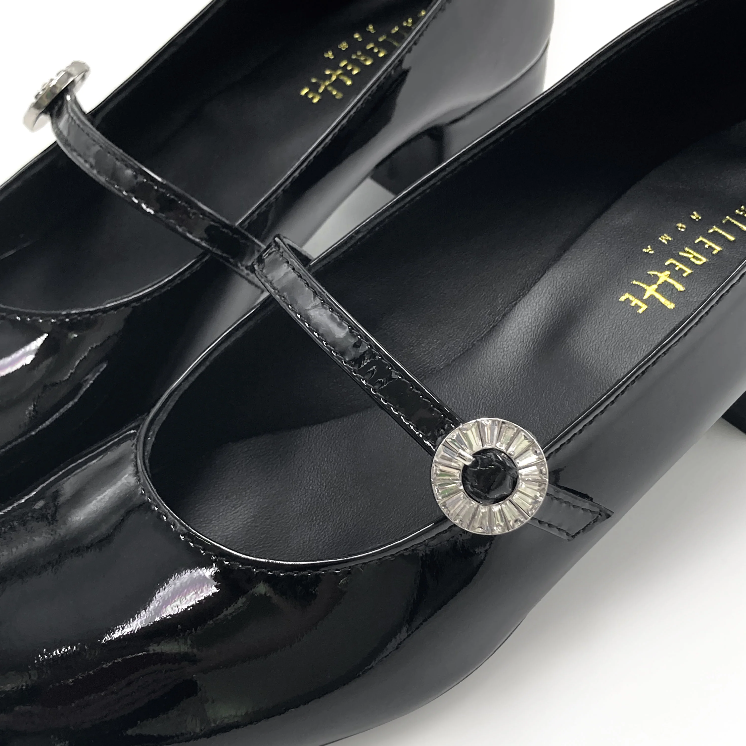 Black patent leather Mary Jane ballet flats with heel and jewelled strap - Image 5
