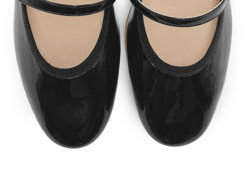 Black patent leather Mary Jane ballet flats with strap and heel - Image 5