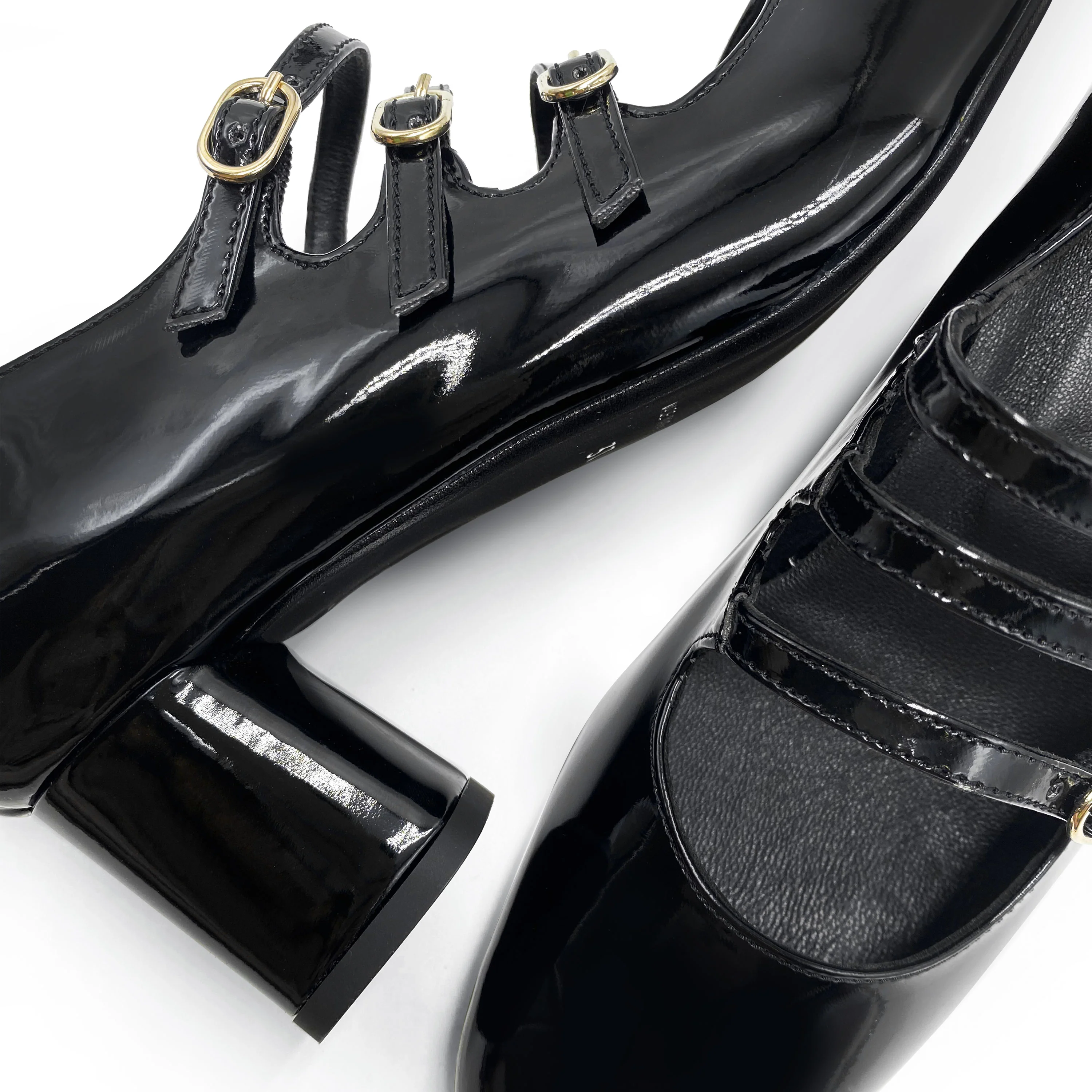 Black patent leather Mary Jane shoes with three straps and high heel - Image 3