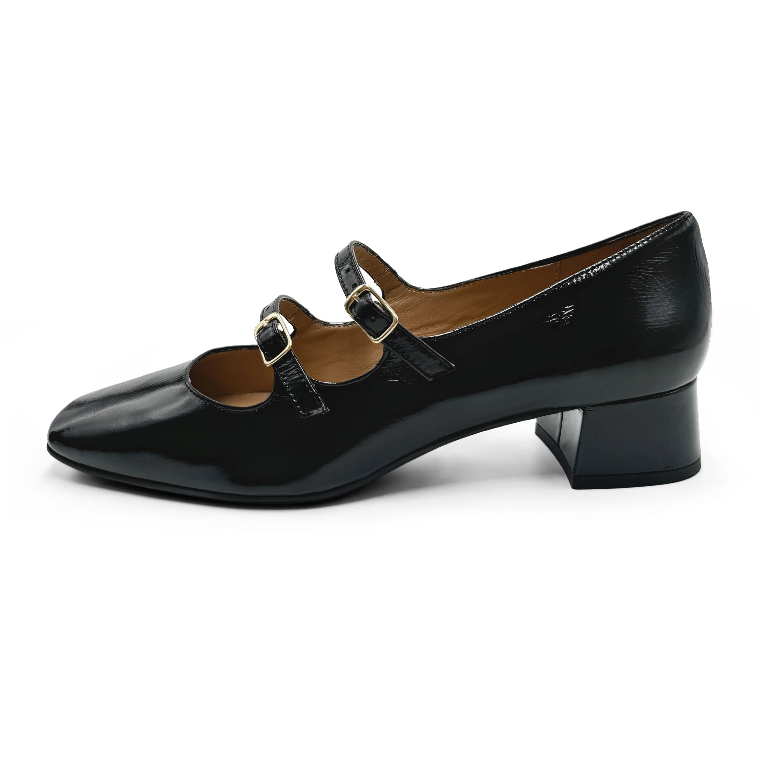 Black shiny leather Mary Jane shoes with two straps and high heels - Image 2