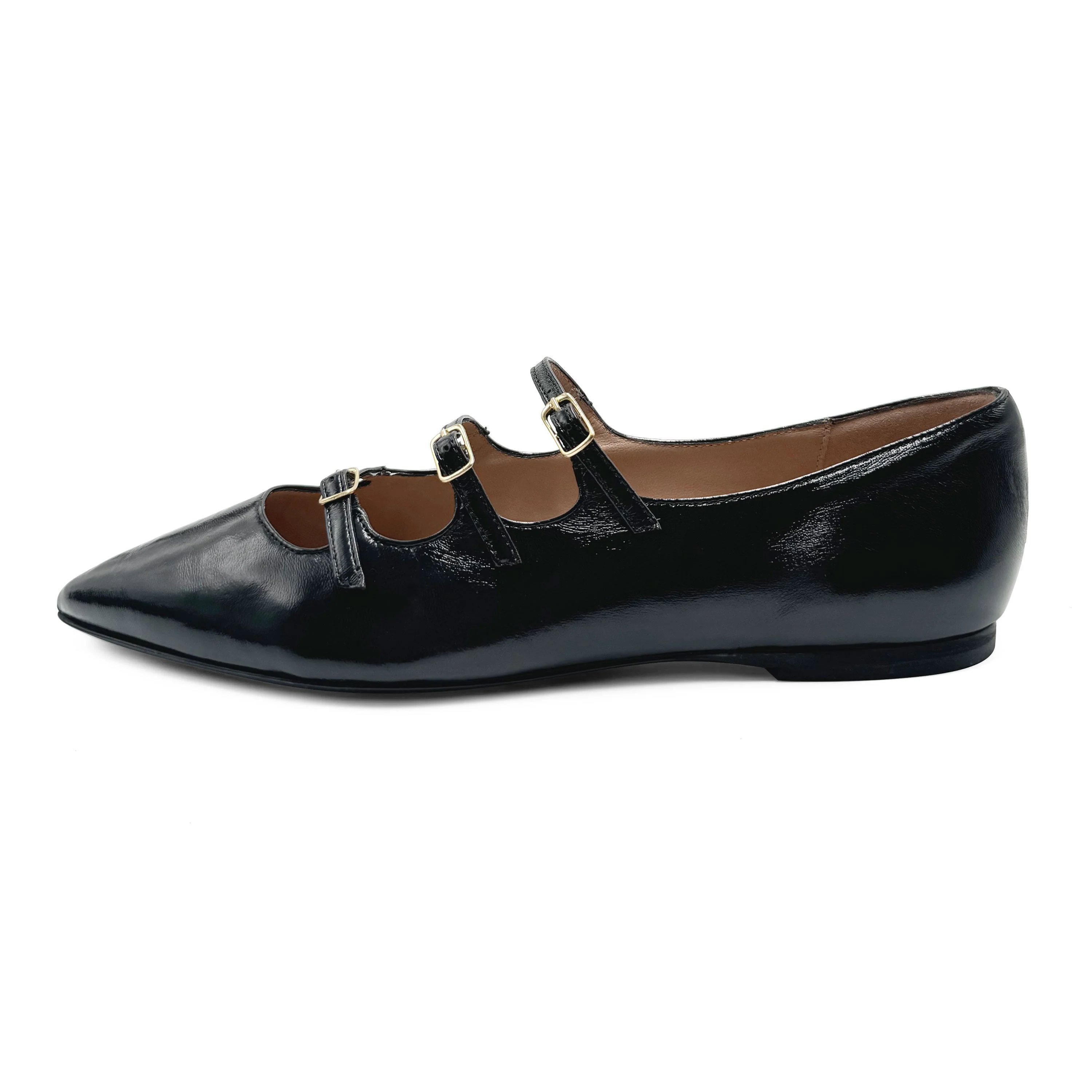 Black shiny pointed-toe ballet flats with straps - Image 2