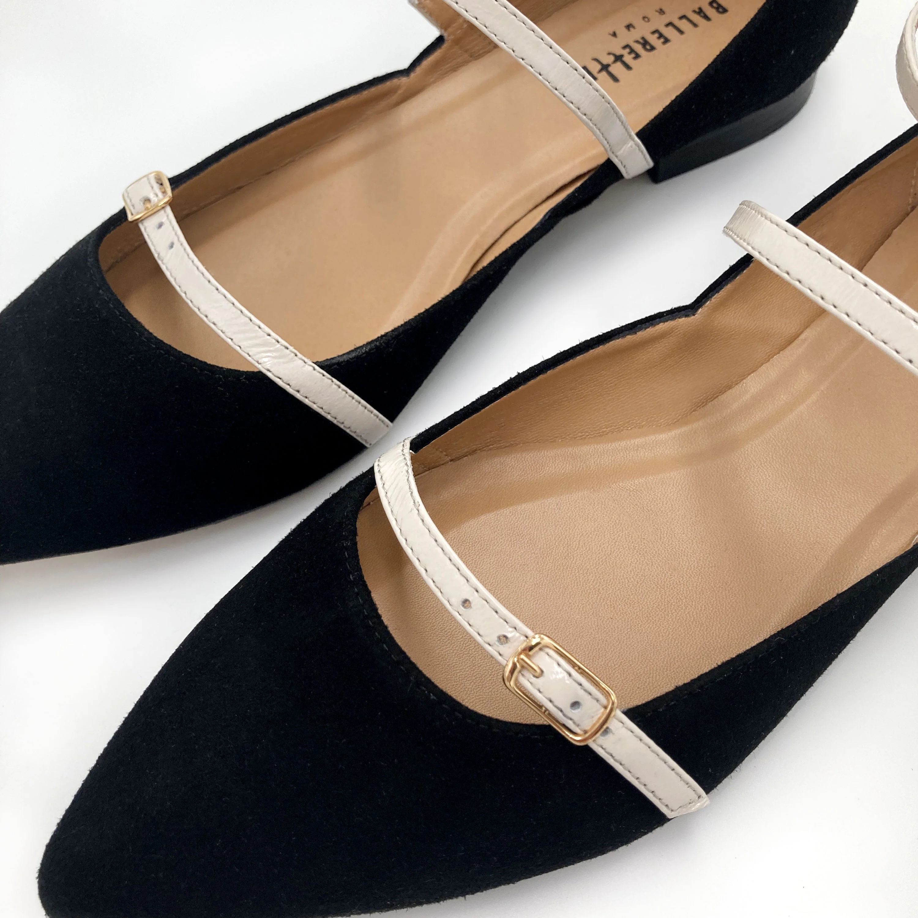 Black suede ballet flats with cream straps - Image 3