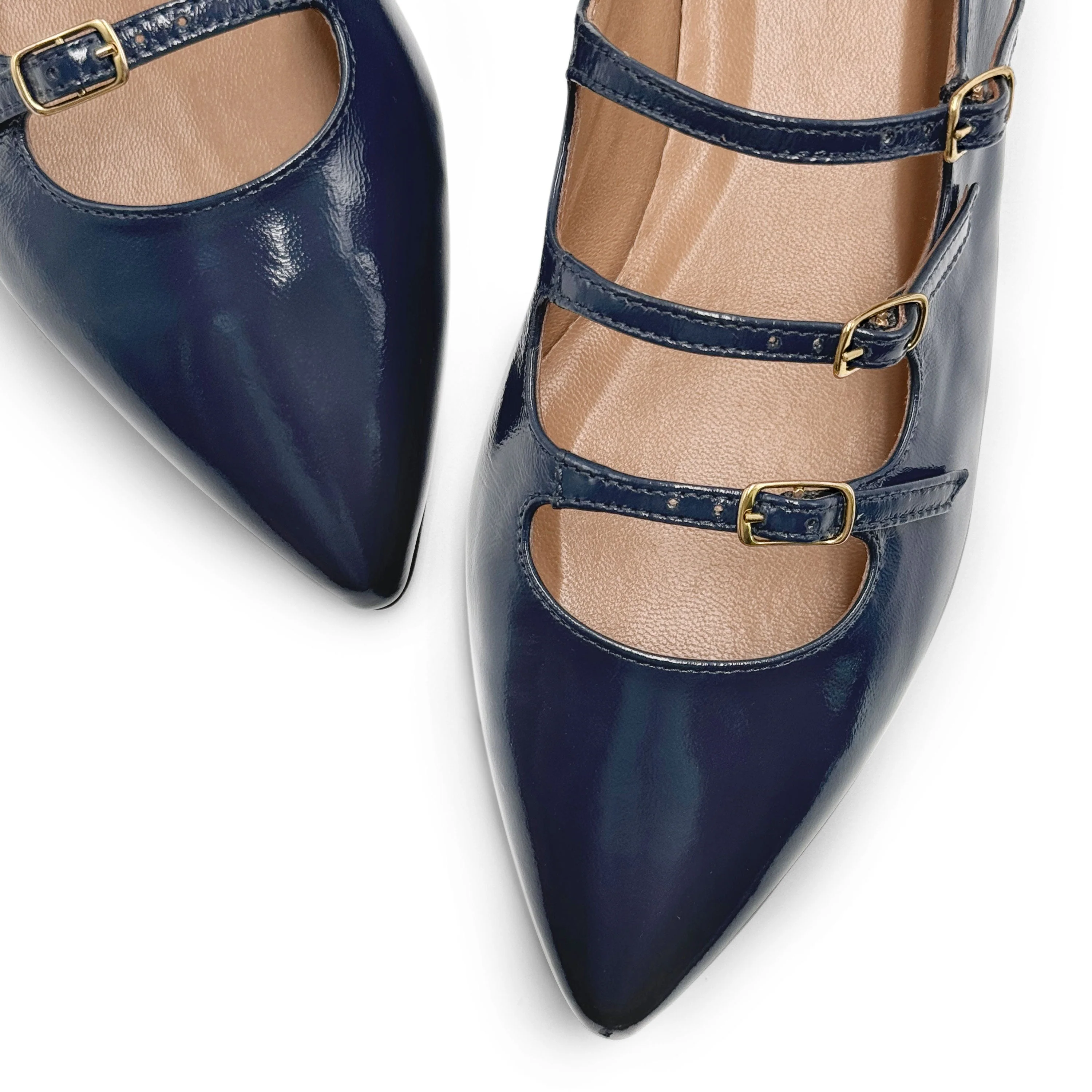Blue shiny pointed-toe ballet flats with straps - Image 4