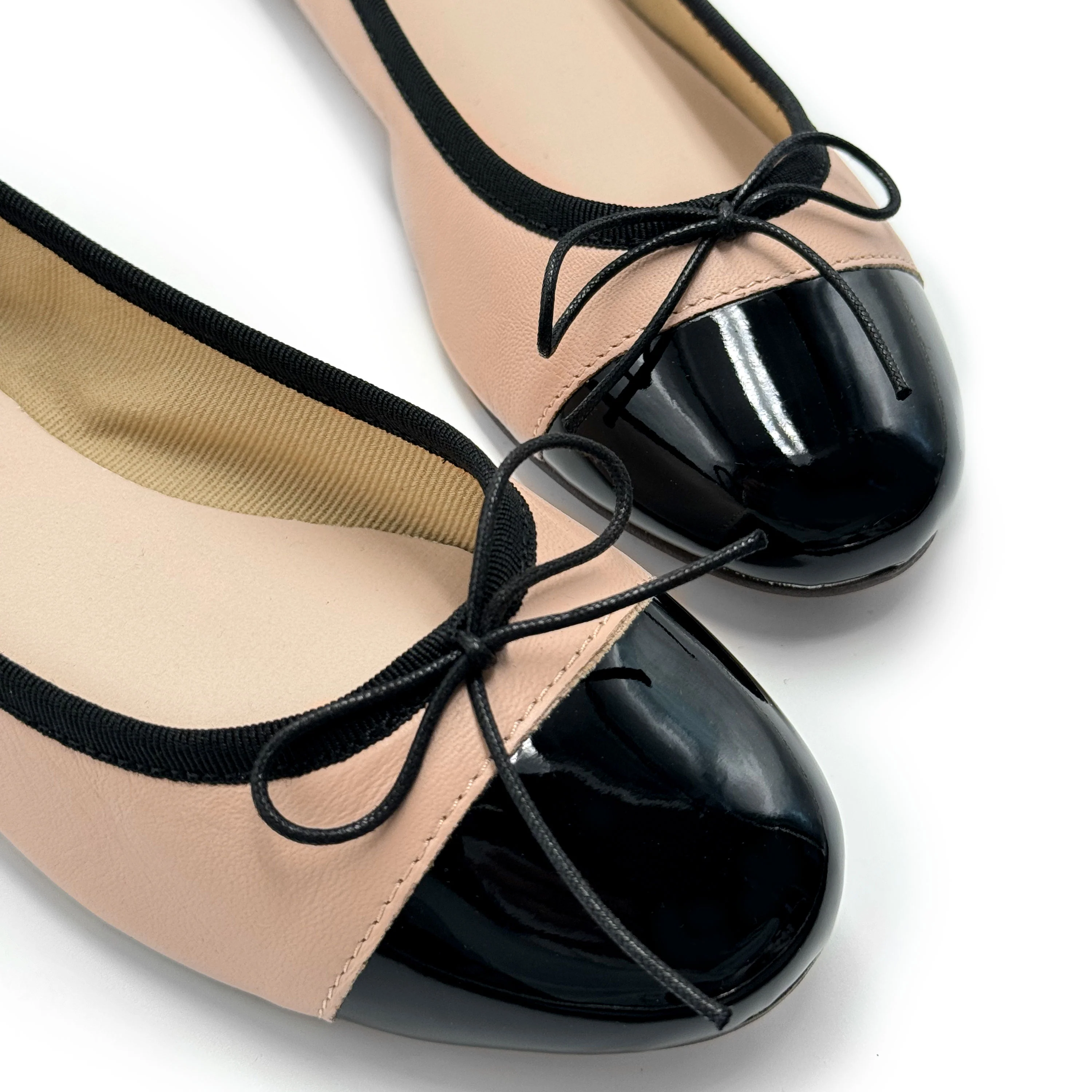 Blush pink leather ballet flats with black patent toe - Image 4