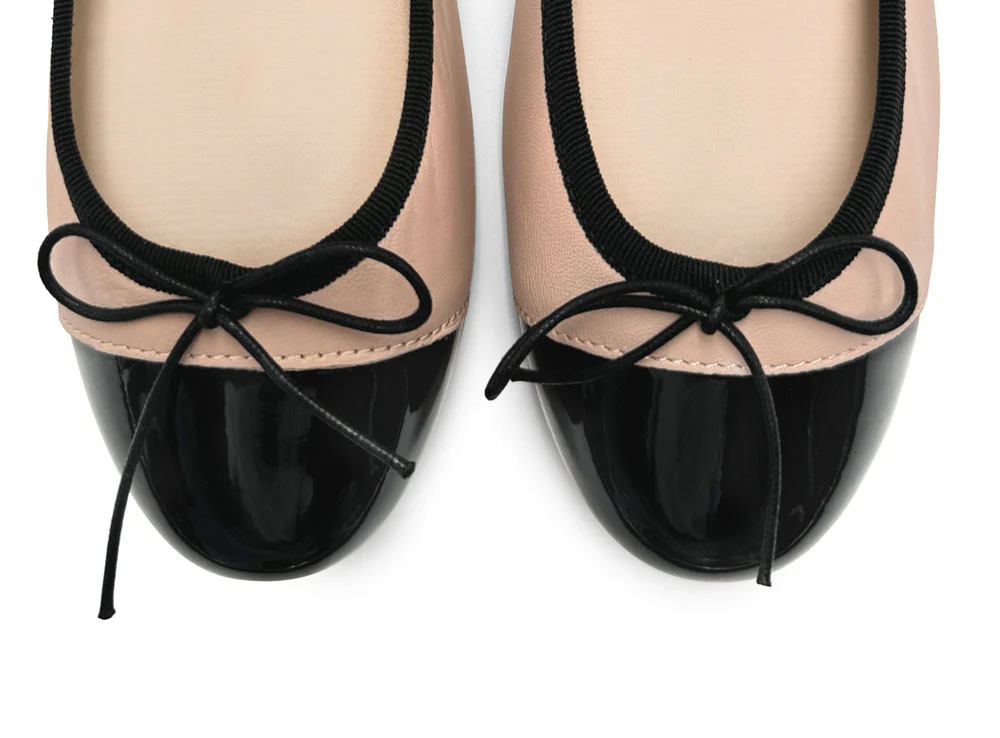 Blush pink leather ballet flats with black patent toe - Image 6