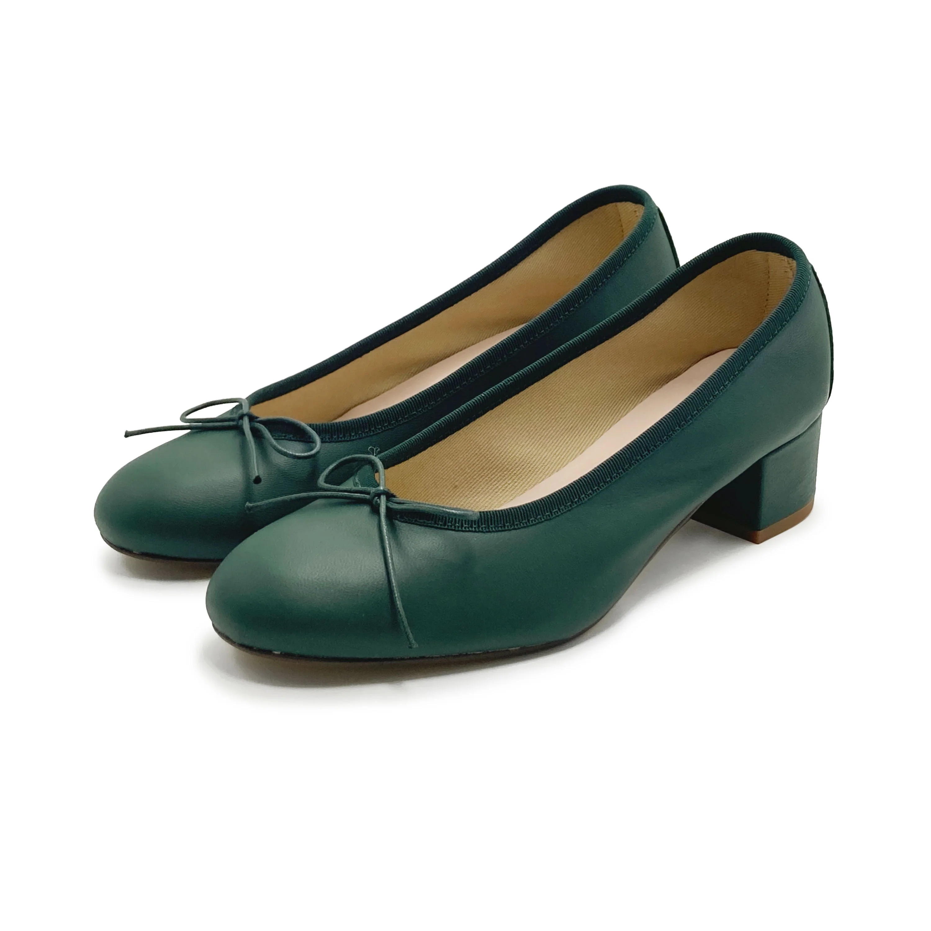 Bottle green leather ballet shoes with heels - Image 4