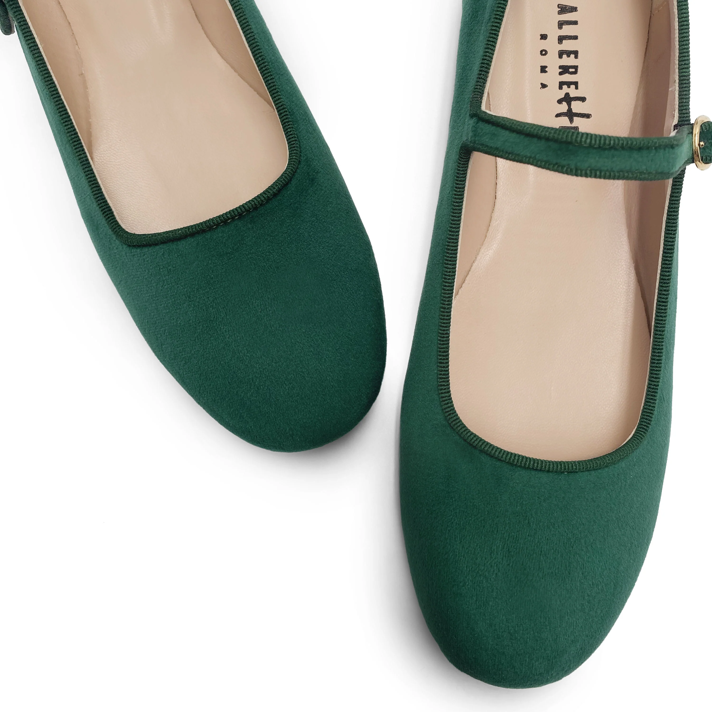 Bottle green velvet ballet flats with strap - Image 4