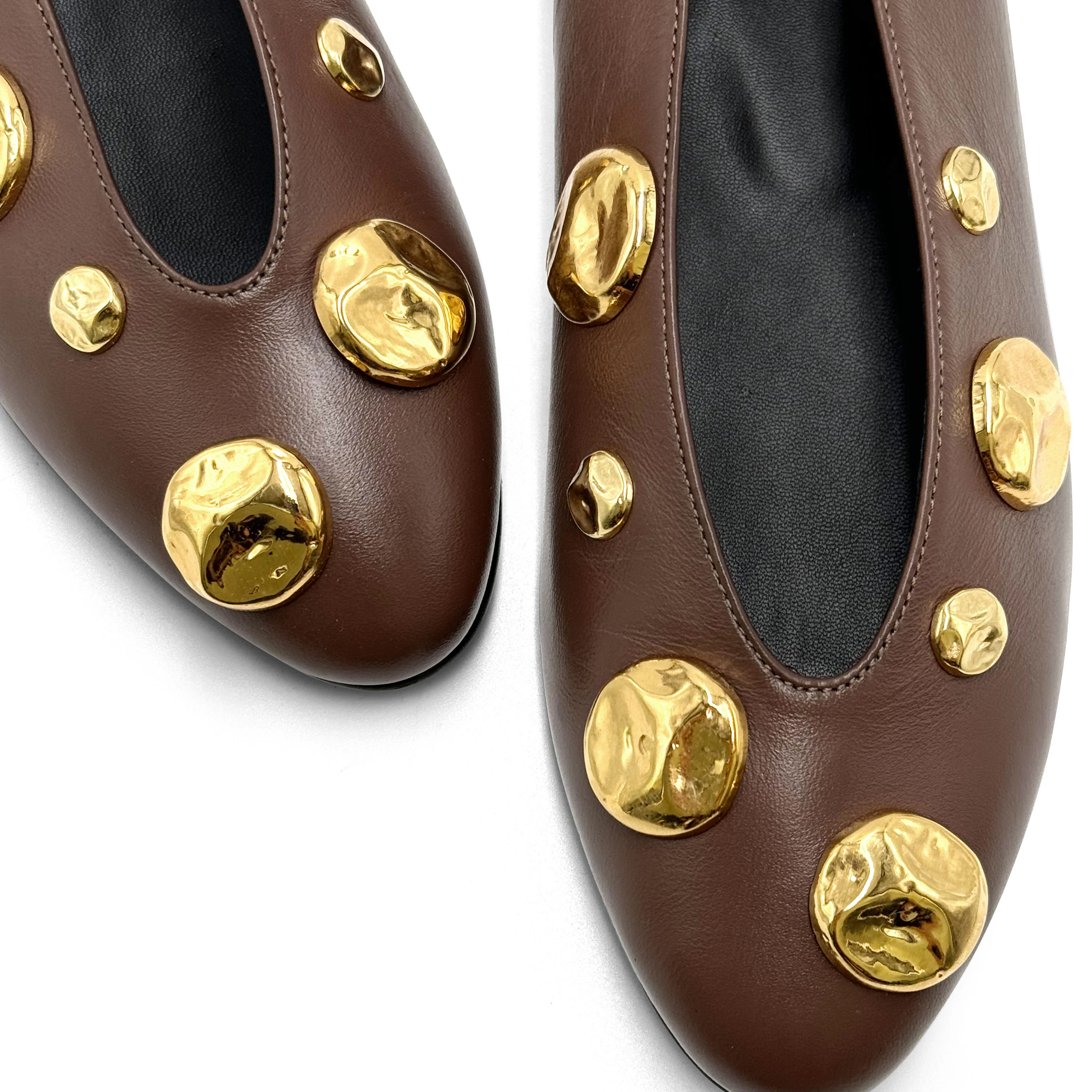 Brown leather ballet flats with V-cut and gold studs - Image 3
