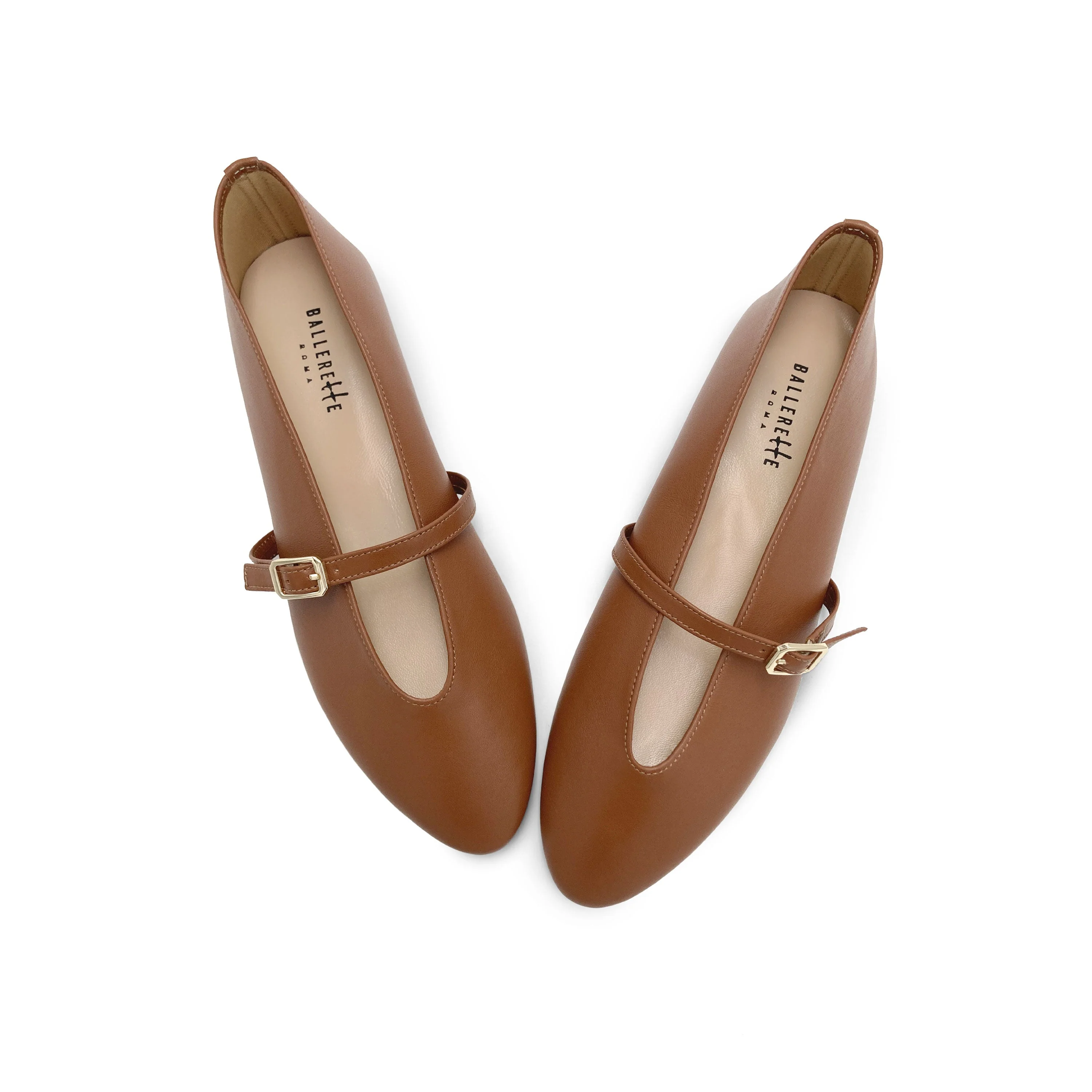 Brown leather ballet flats with V-cut and strap - Image 2