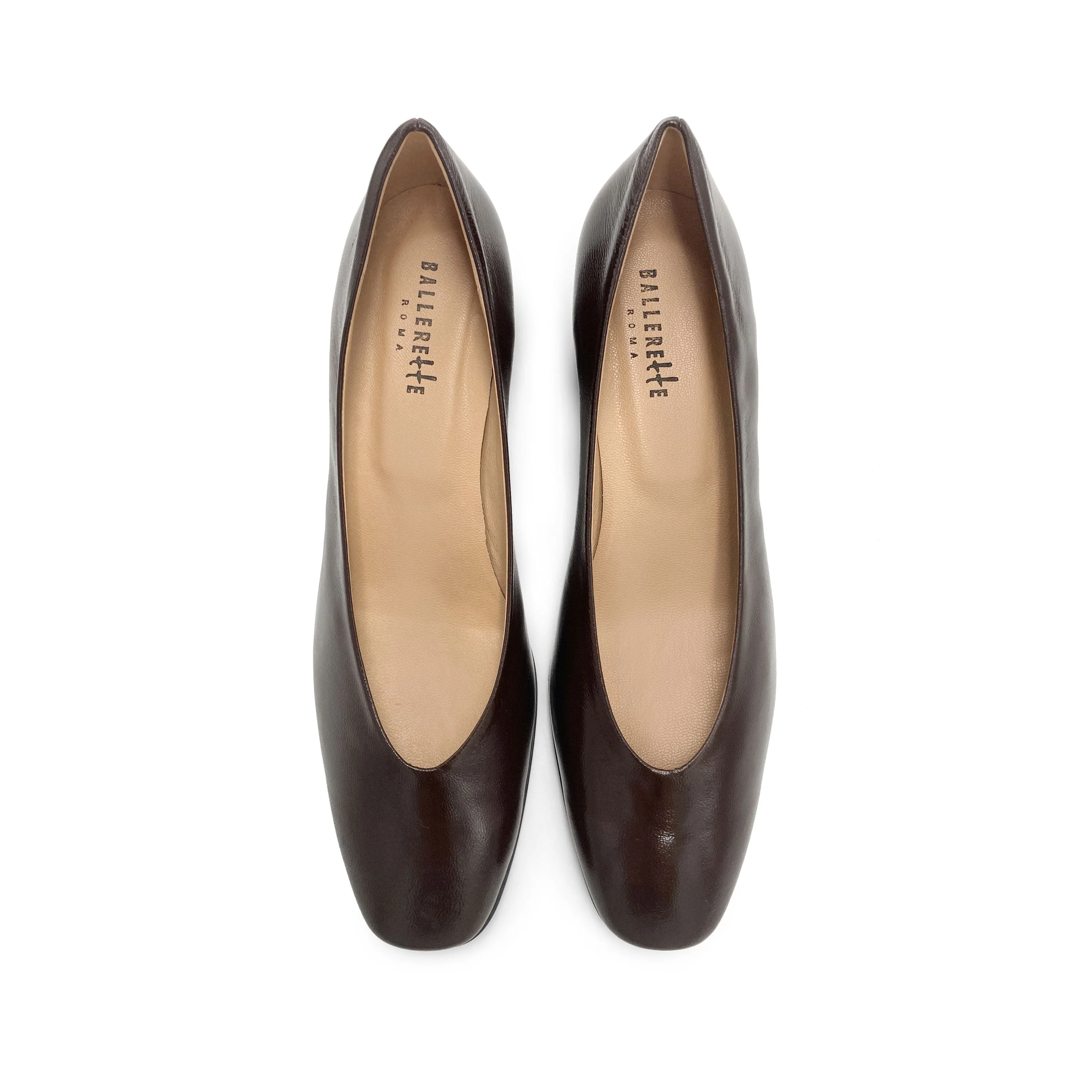 Brown patent leather ballet flats with square toe and comfortable high heel - Image 2