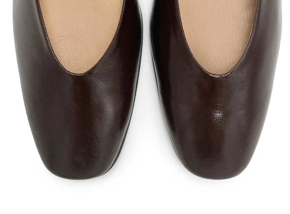 Brown patent leather ballet flats with square toe and comfortable high heel - Image 6