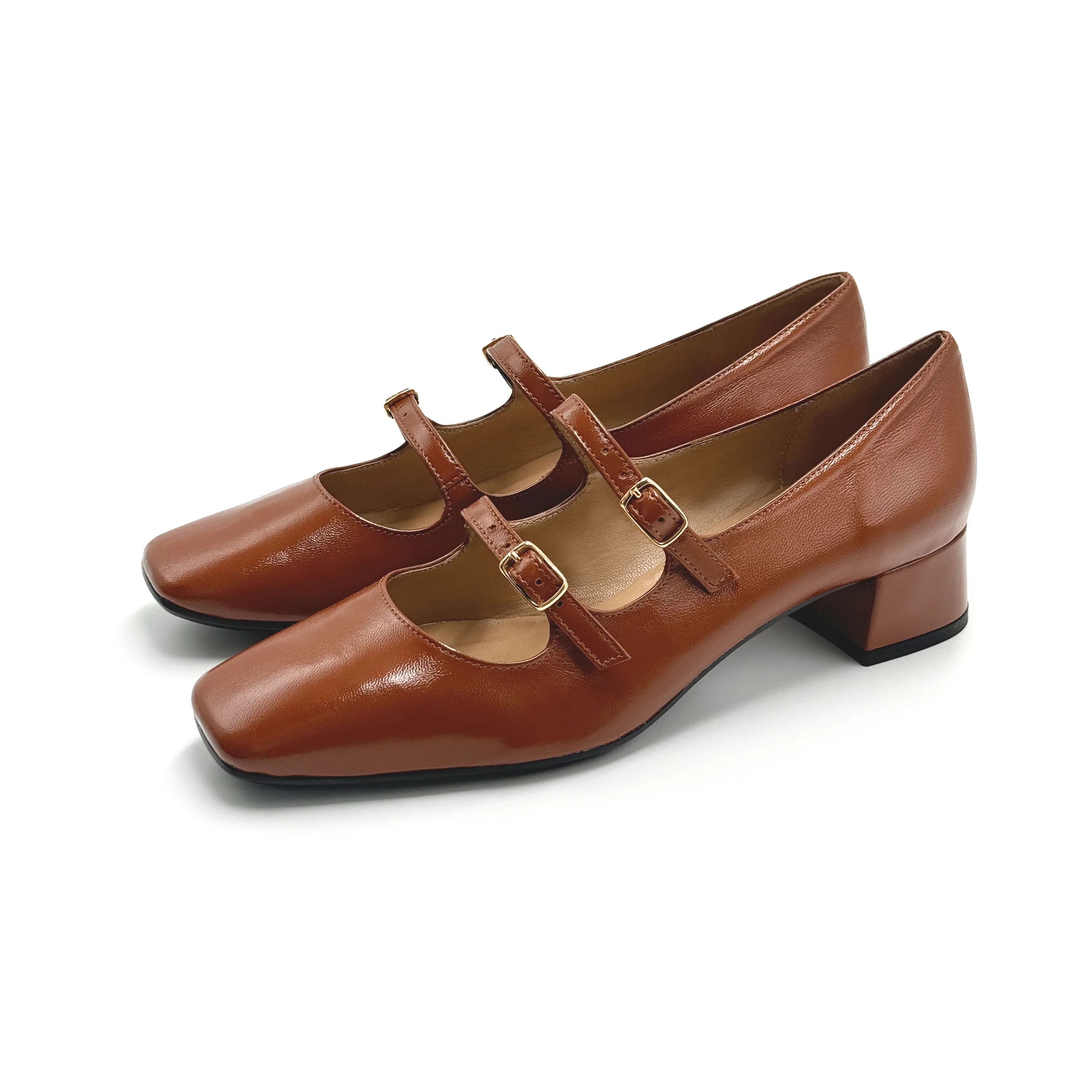 Brown shiny leather Mary Jane shoes with two straps and high heels - Image 2