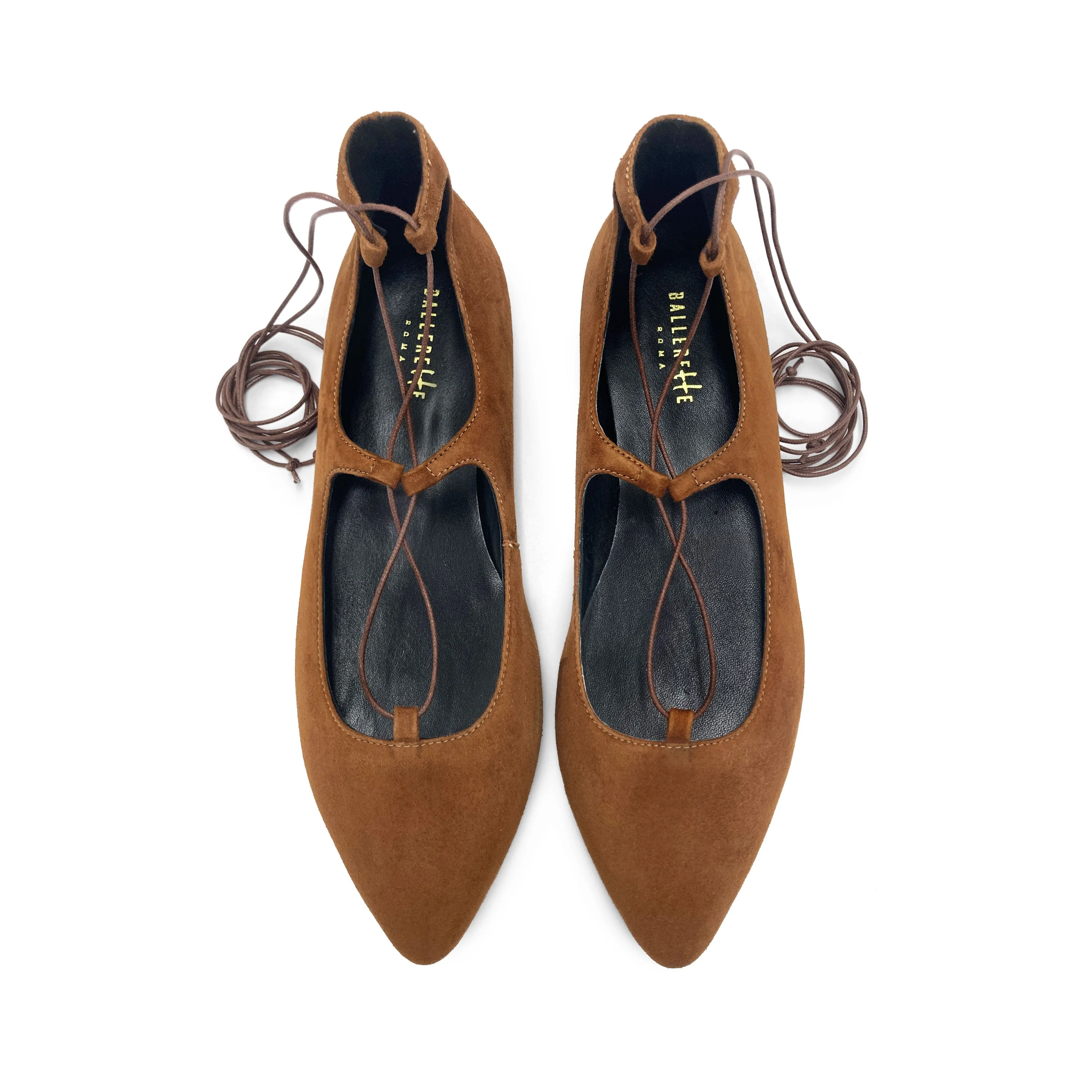Brown suede ballet flats with straps