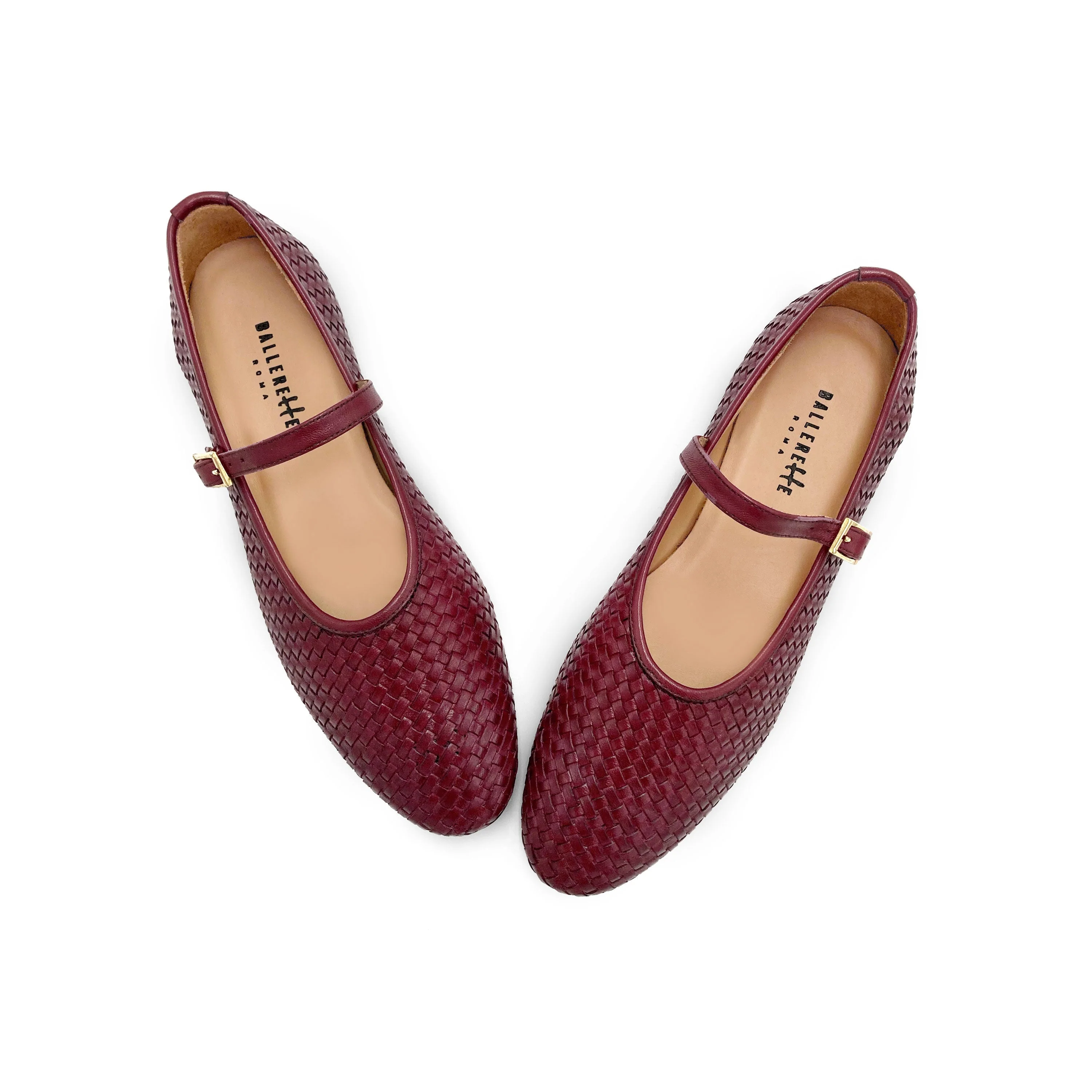 Burgundy high cut handwoven leather ballet flats with strap - Image 2