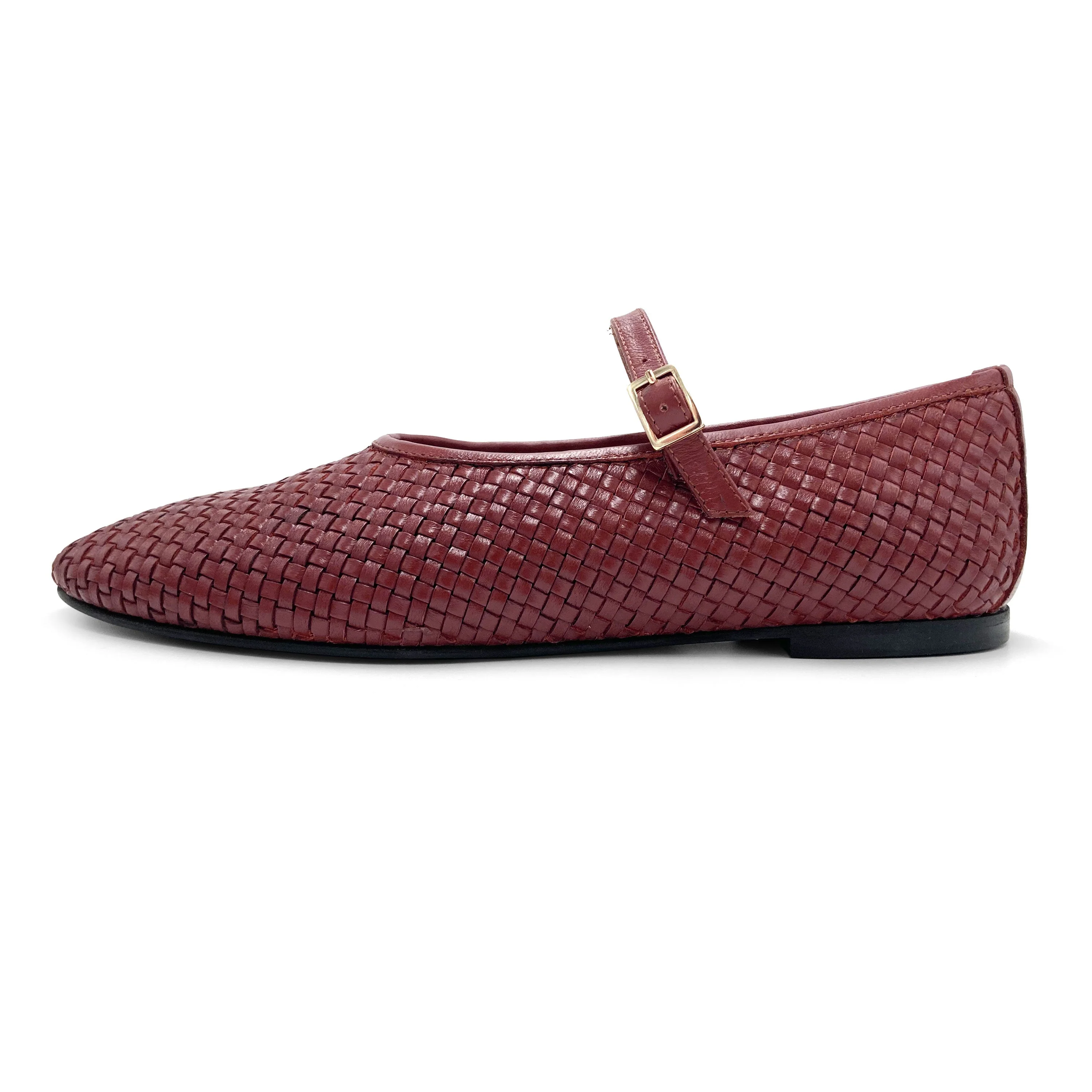 Burgundy high cut handwoven leather ballet flats with strap - Image 4