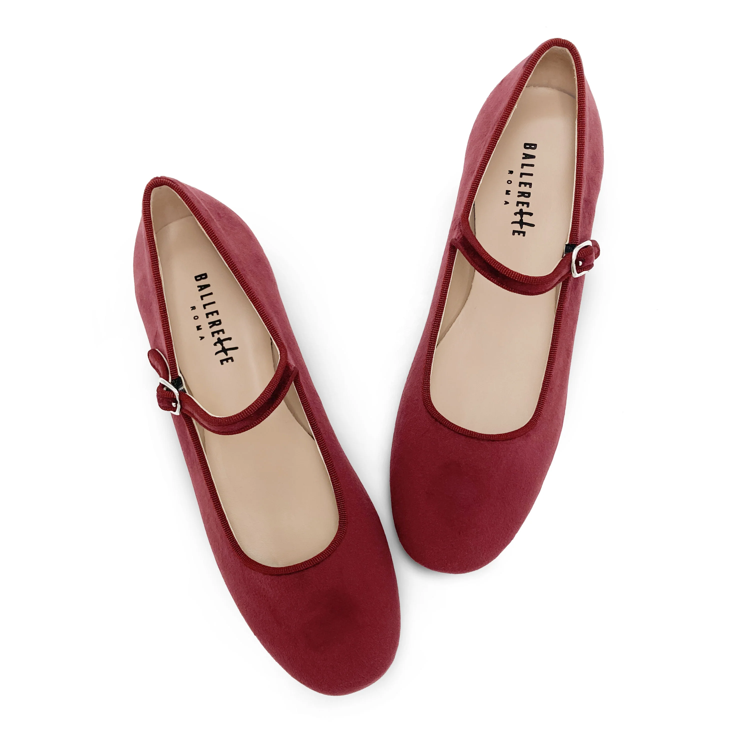 Burgundy velvet ballet flats with strap - Image 2
