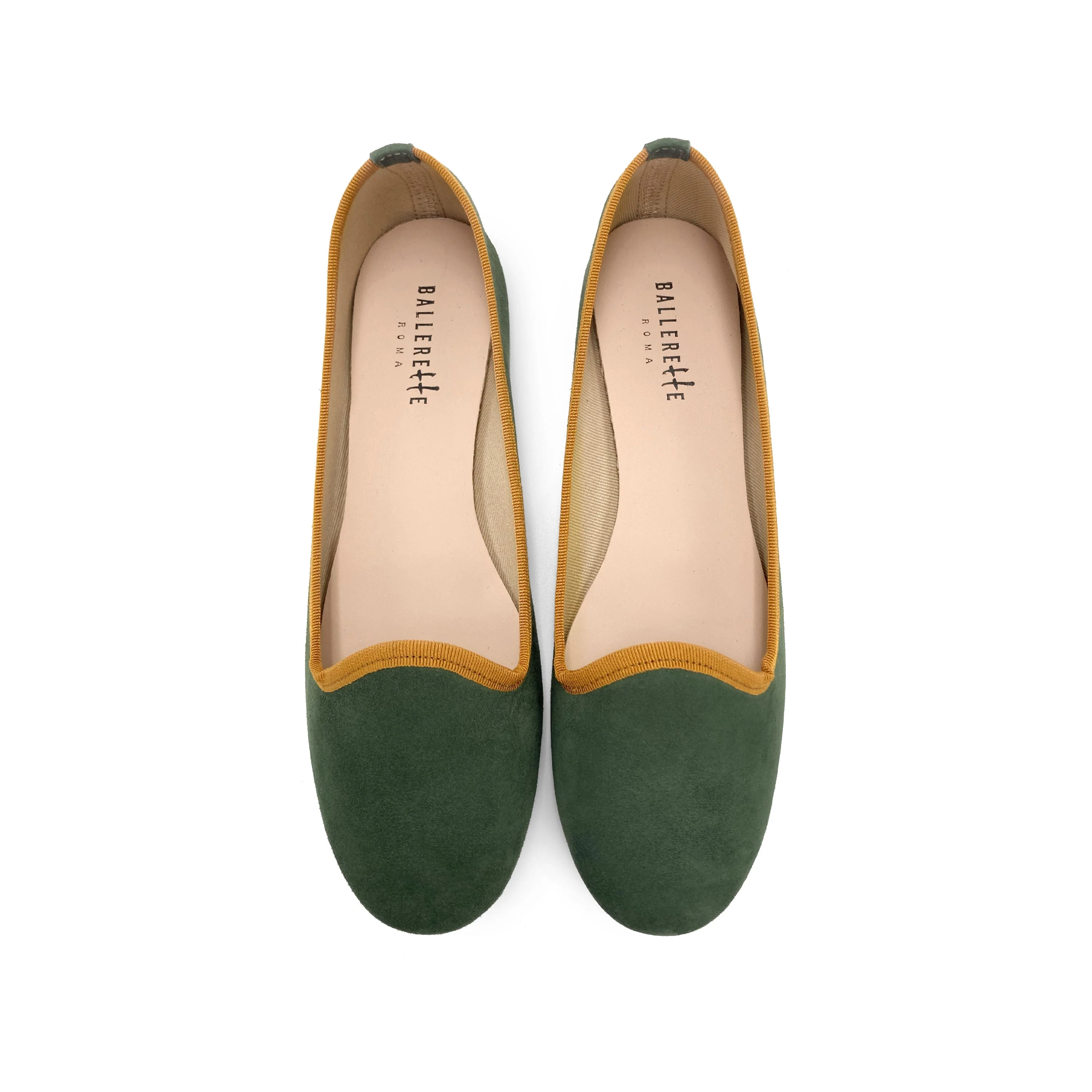 Forest green suede loafers with amber yellow details