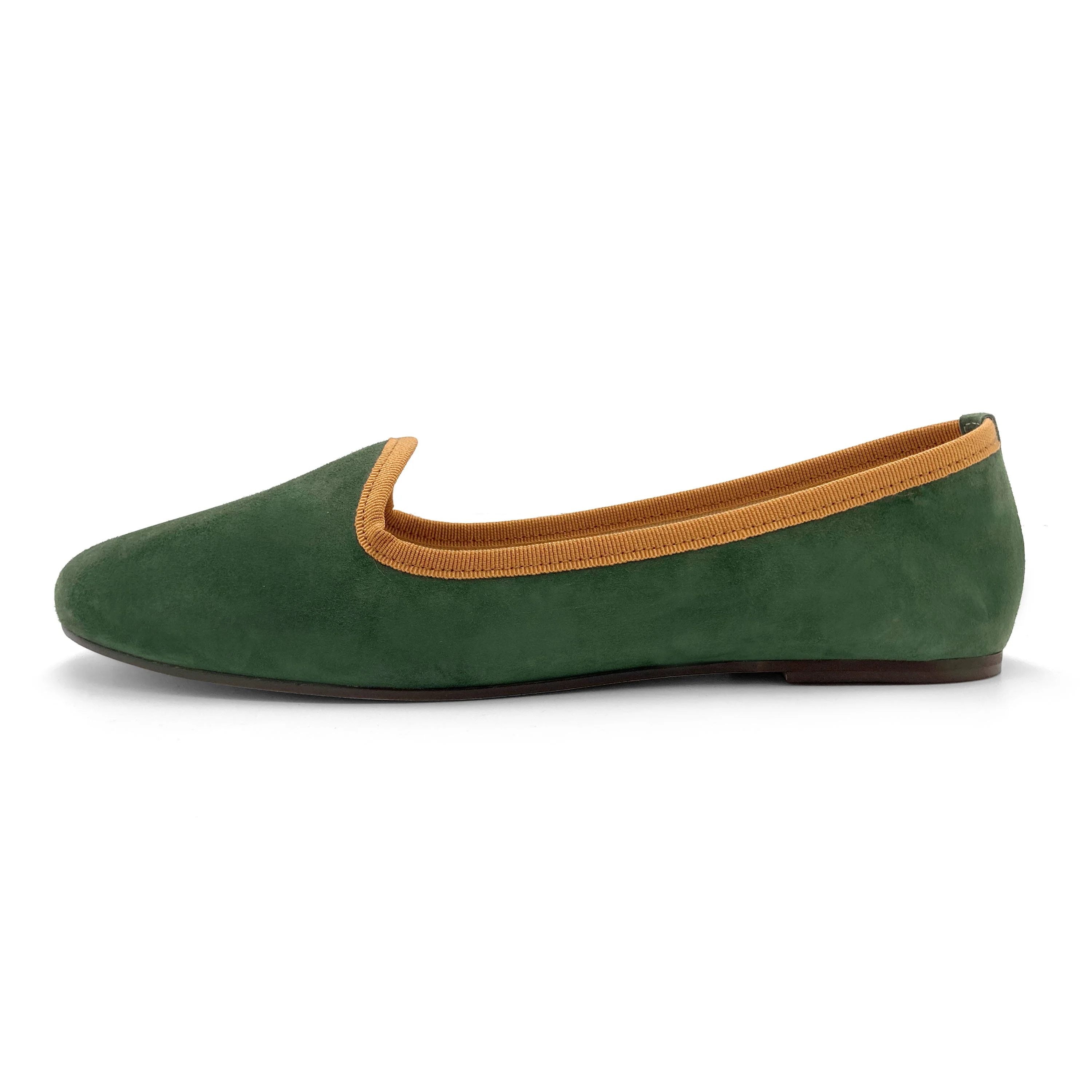 Forest green suede loafers with amber yellow details - Image 3