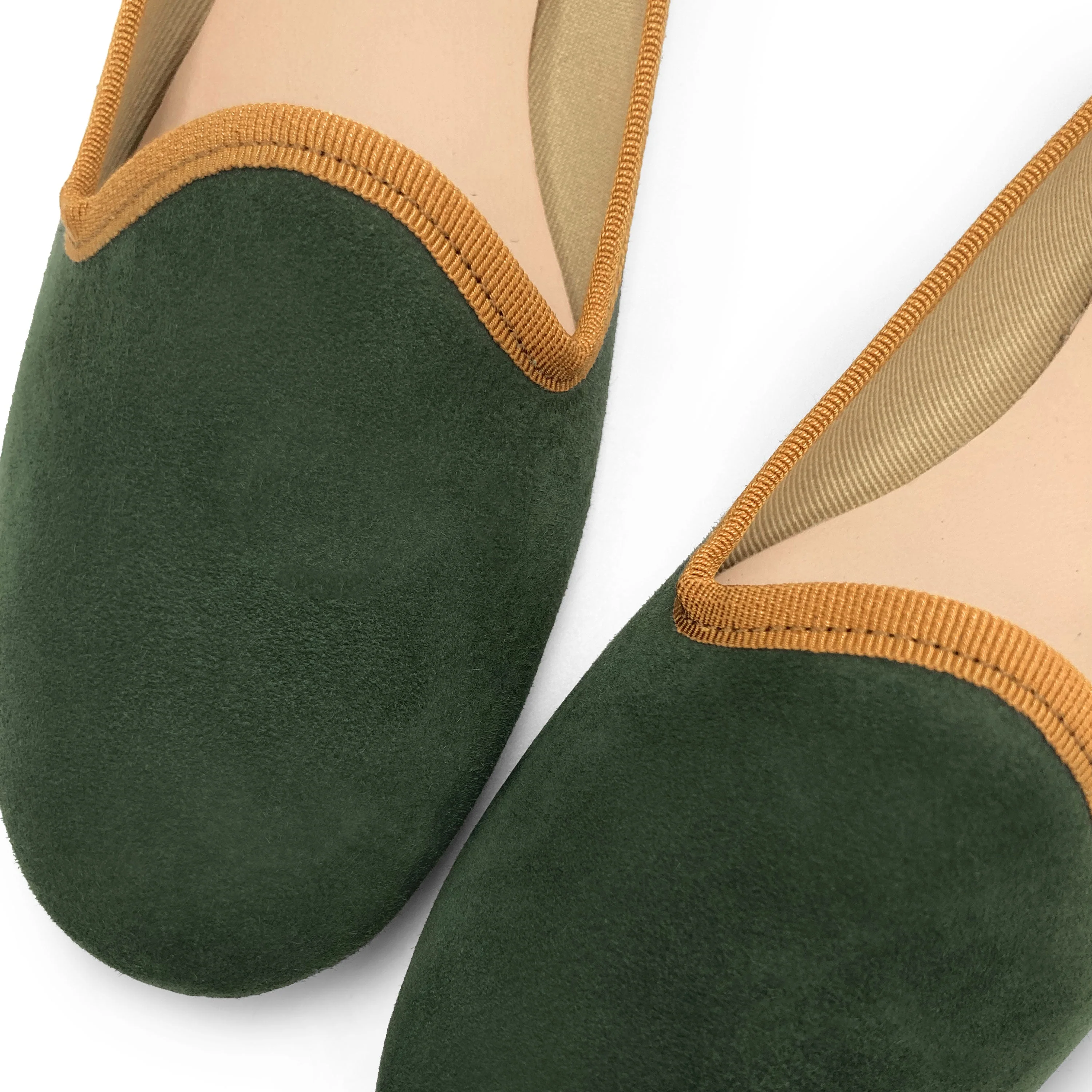Forest green suede loafers with amber yellow details - Image 4