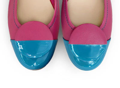 Fuchsia leather ballet flats with teal patent leather toe and stud - Image 5