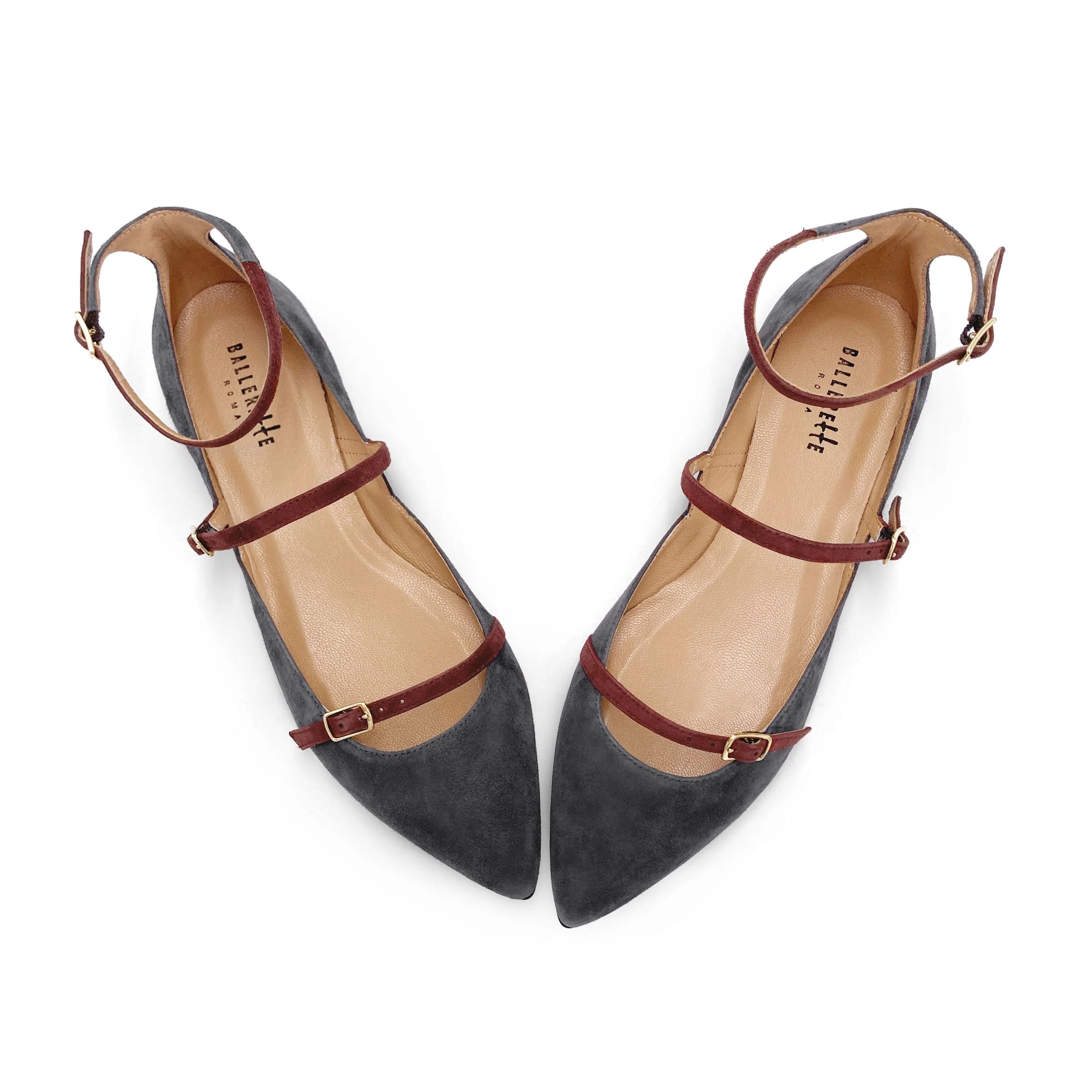 Gray suede pointed ballet flats with chestnut straps - Image 2