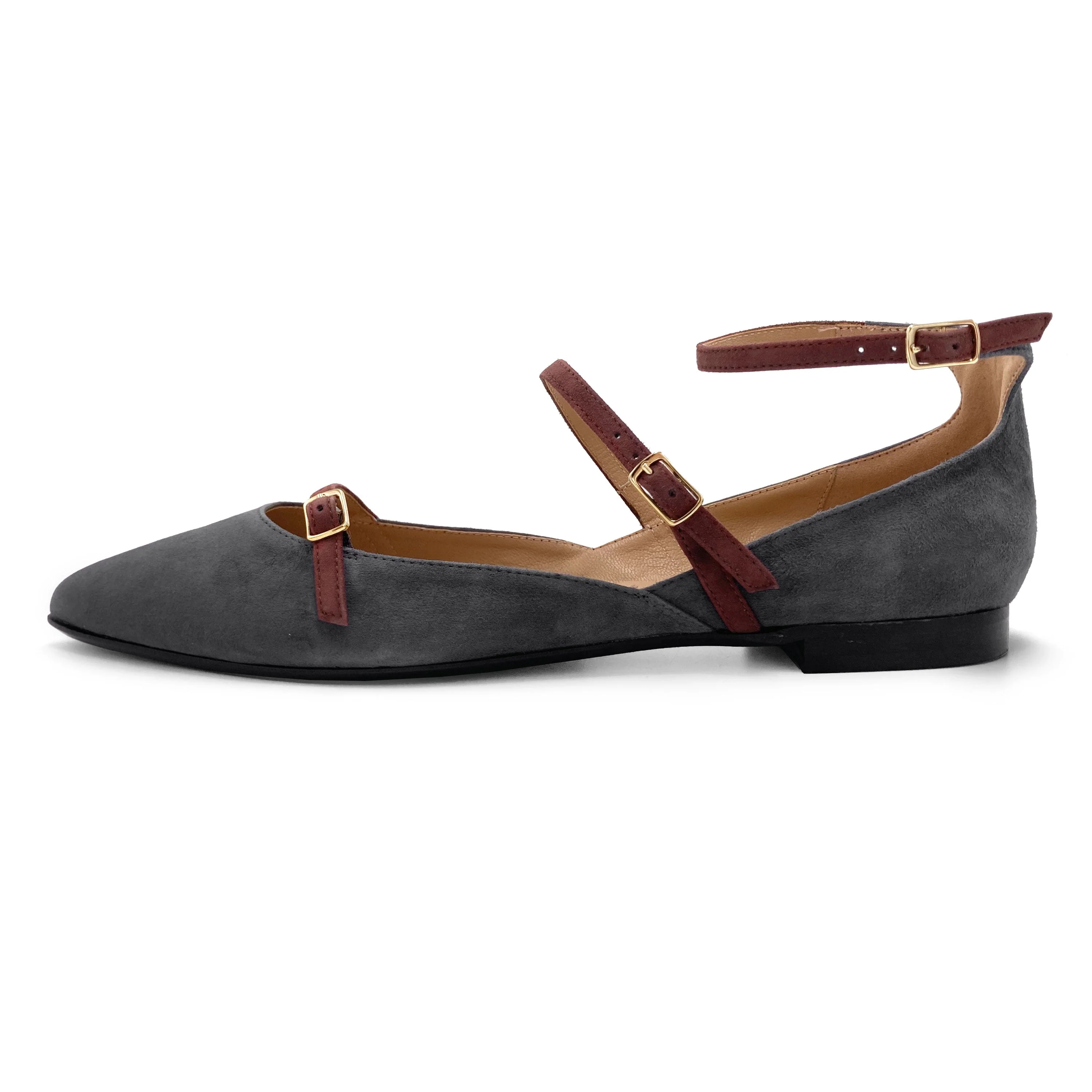 Gray suede pointed ballet flats with chestnut straps - Image 3