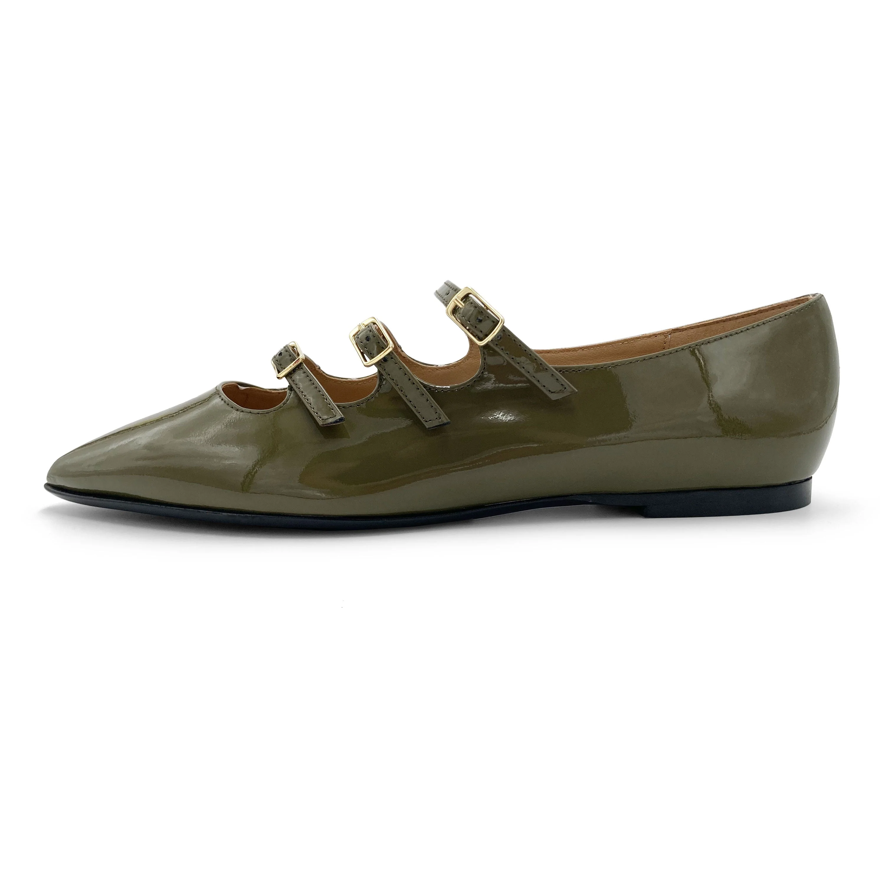 Green shiny pointed ballet flats with three straps - Image 4