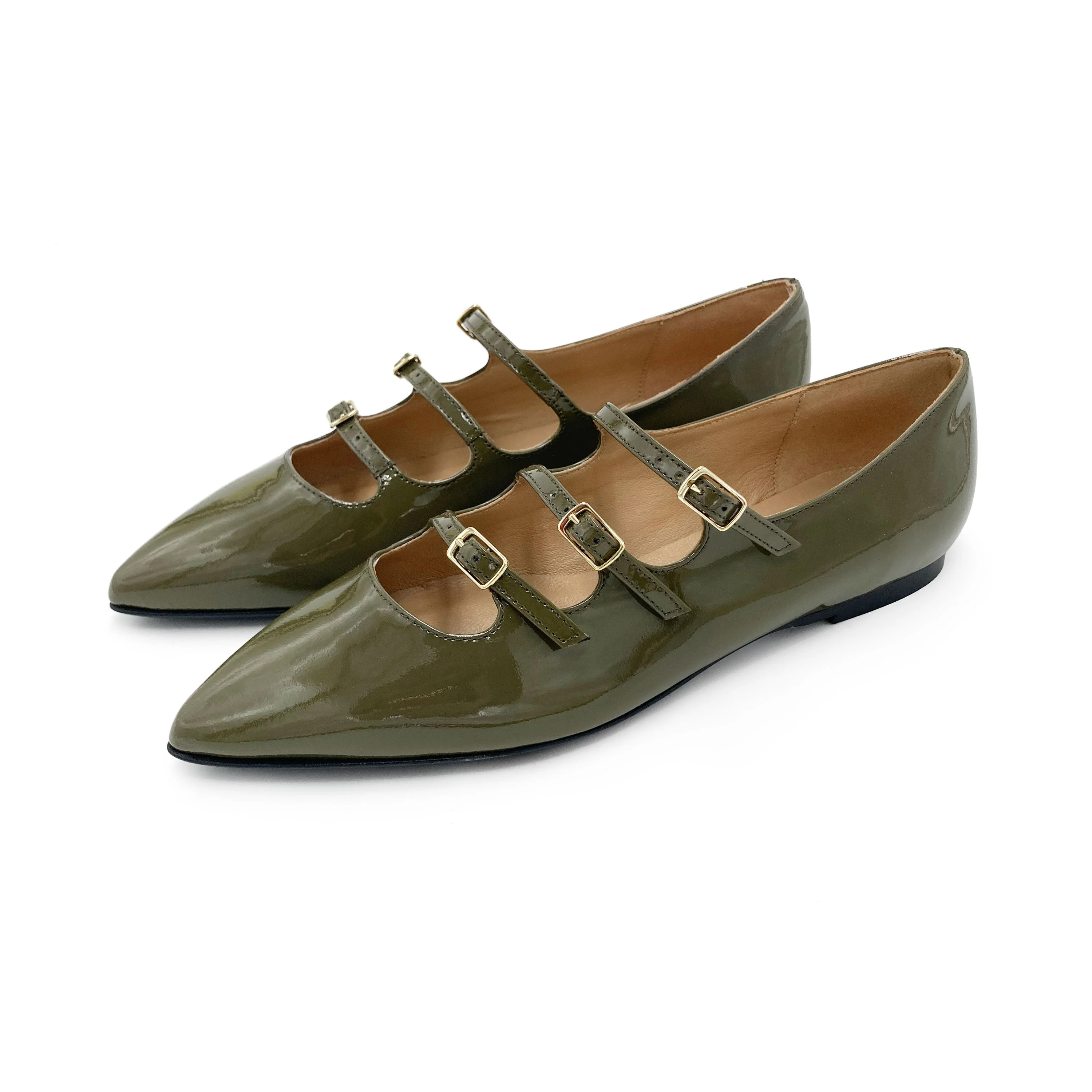 Green shiny pointed ballet flats with three straps - Image 5