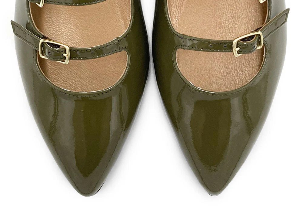 Green shiny pointed ballet flats with three straps - Image 6