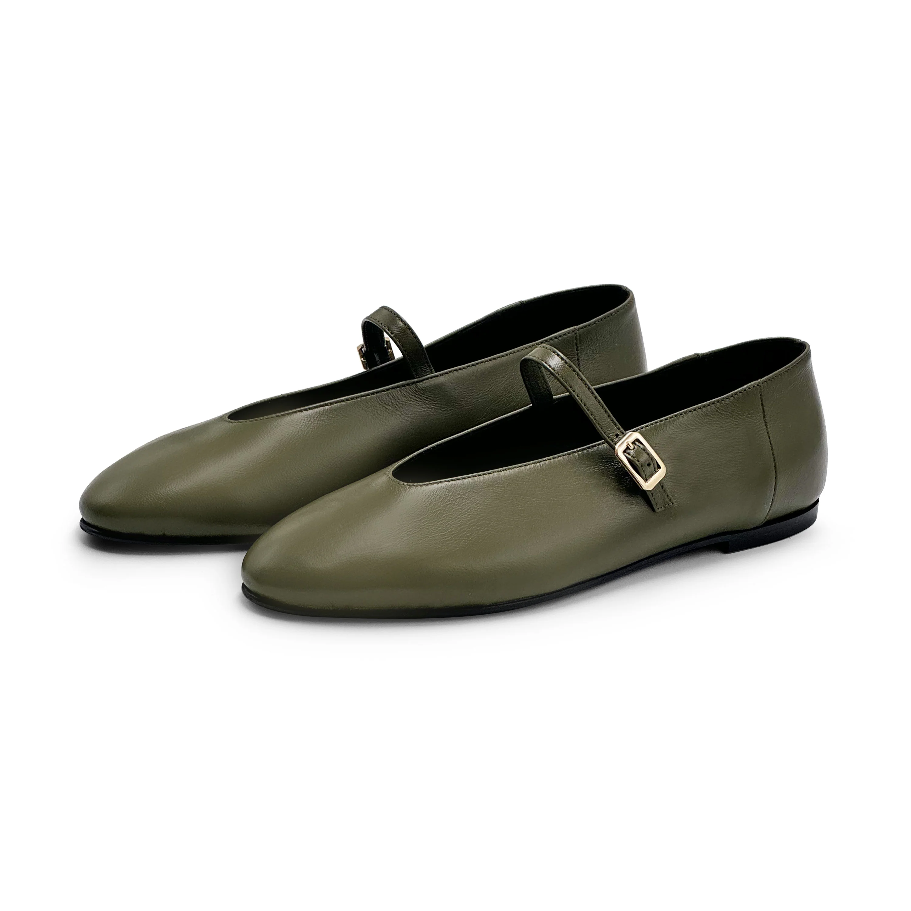 Olive green leather ballet flats with a V-cut and strap - Image 3
