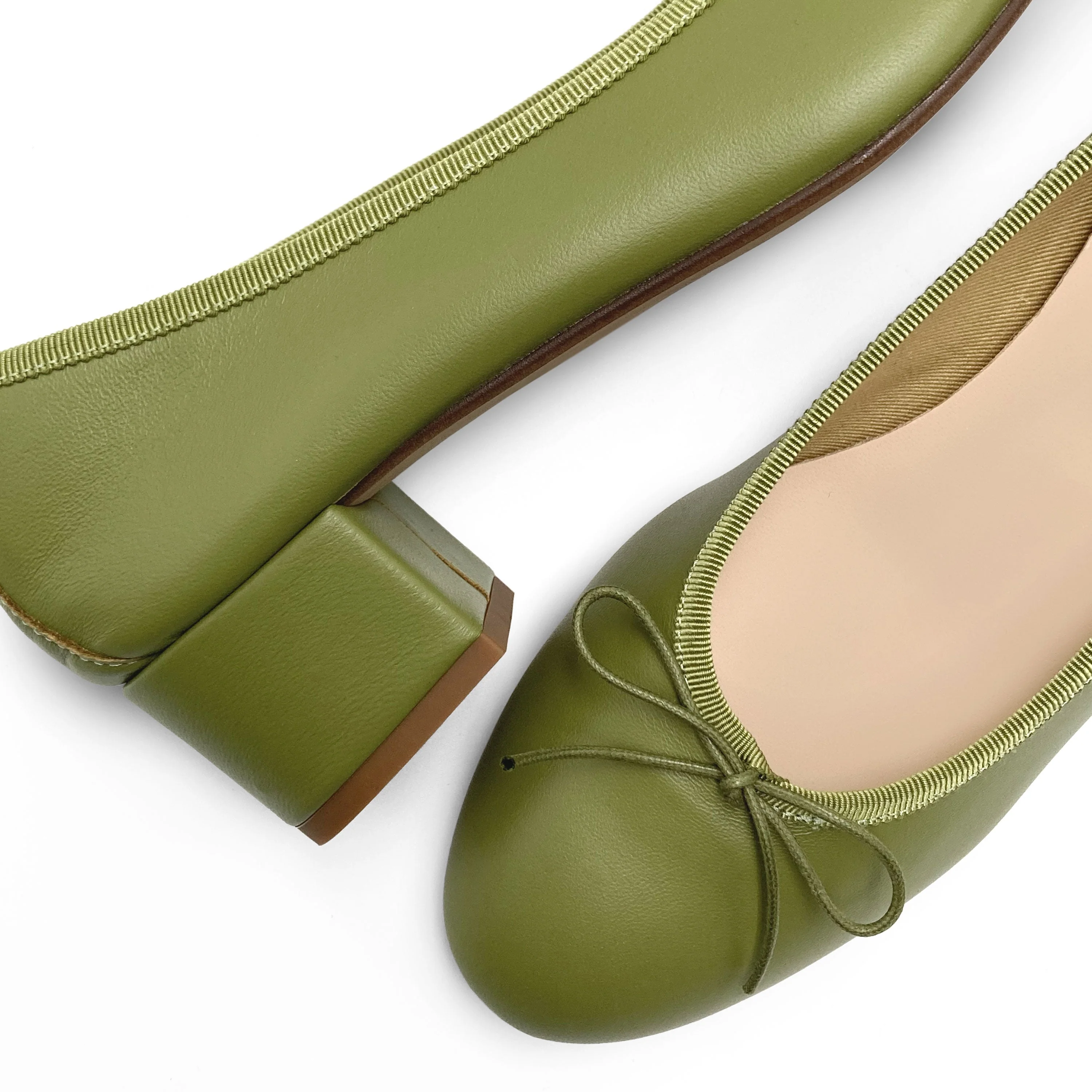 Olive green leather ballet flats with heel - Image 5