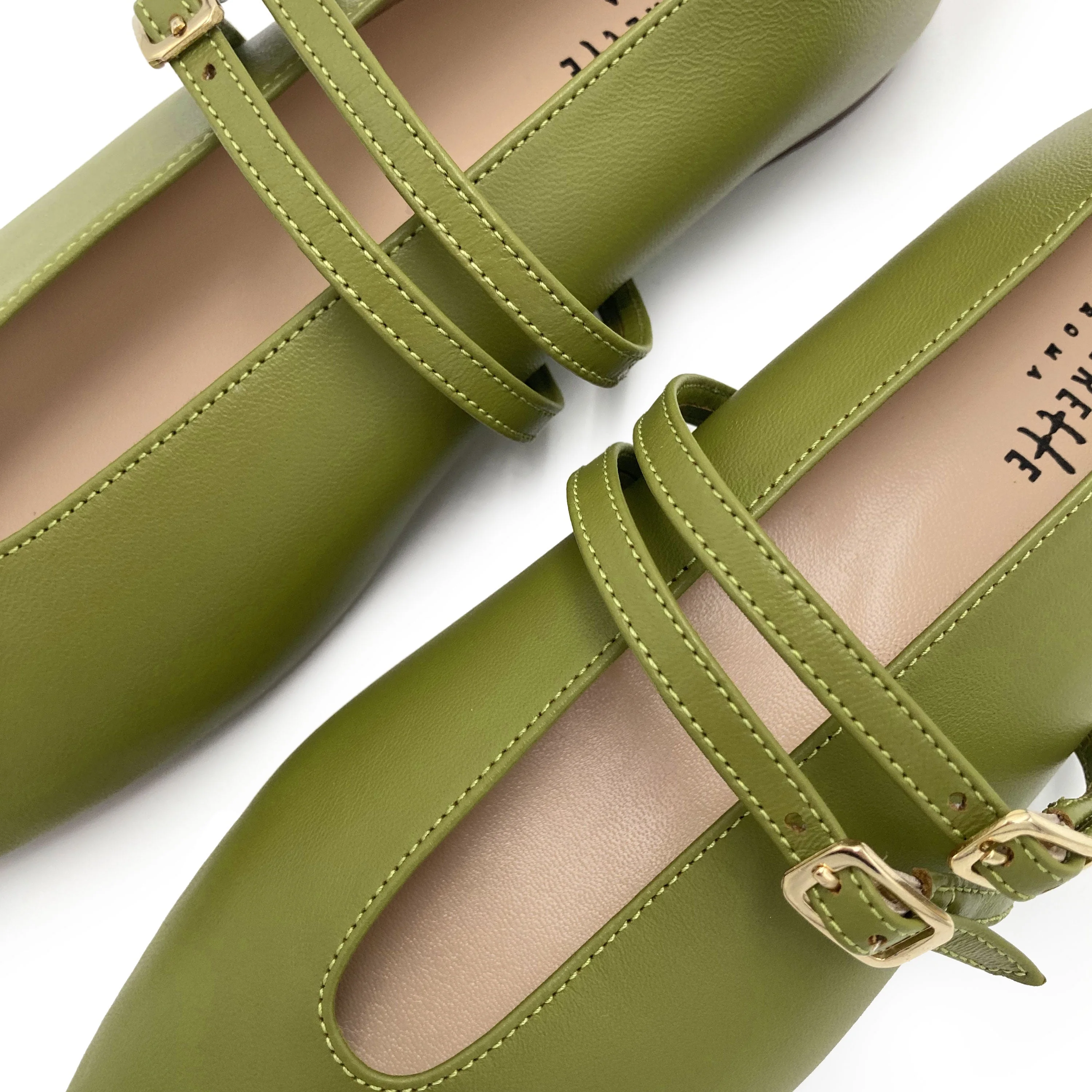Olive green leather ballet flats with V cut and straps - Image 3
