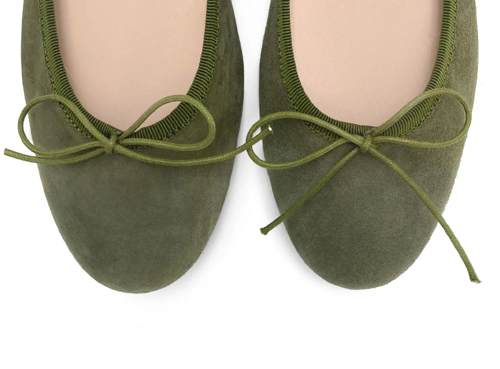 Olive Green Suede Medium Heel Ballet Flats - Image 5