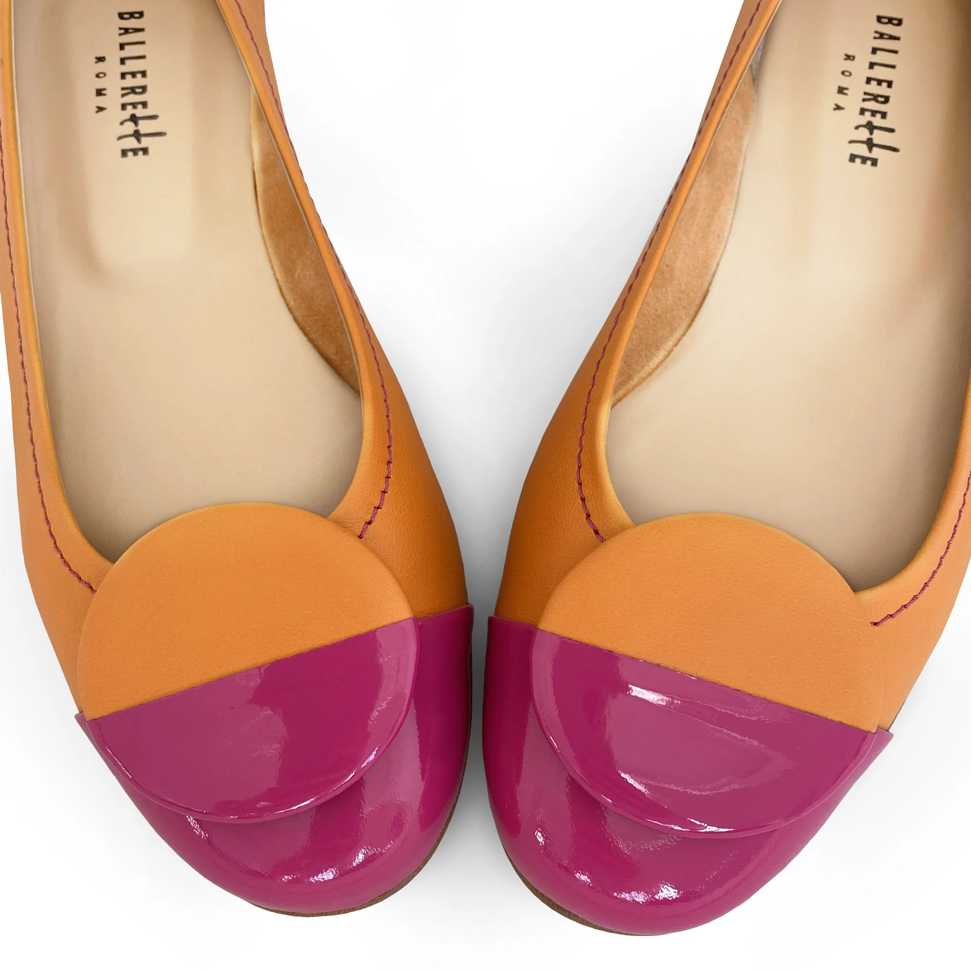 Orange leather ballet flats with fuchsia patent leather toe and stud - Image 4